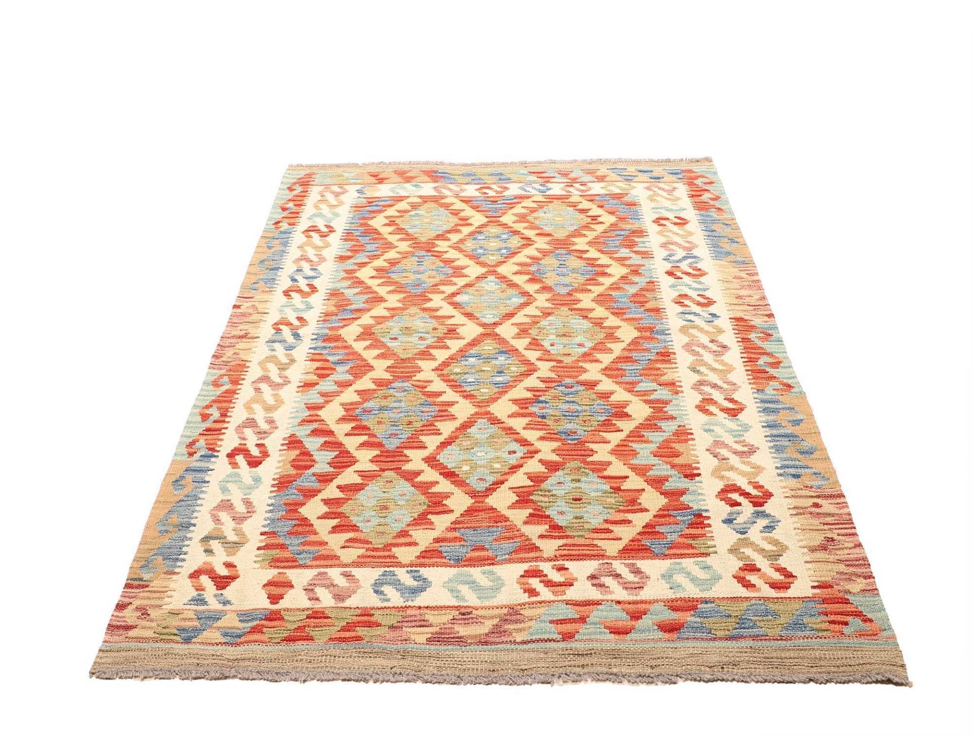 Kelim Teppich 127x182cm aus Schurwolle, handgewebt, rustikal