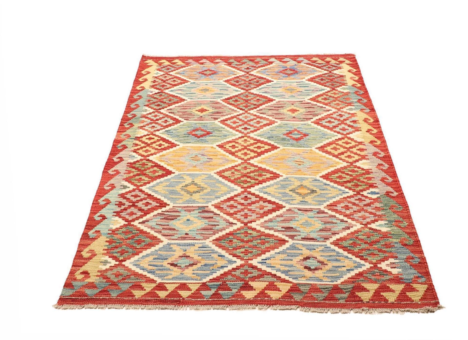 Kelim Teppich 128 x 182cm aus Schurwolle, handgewebt, rustikales Flair