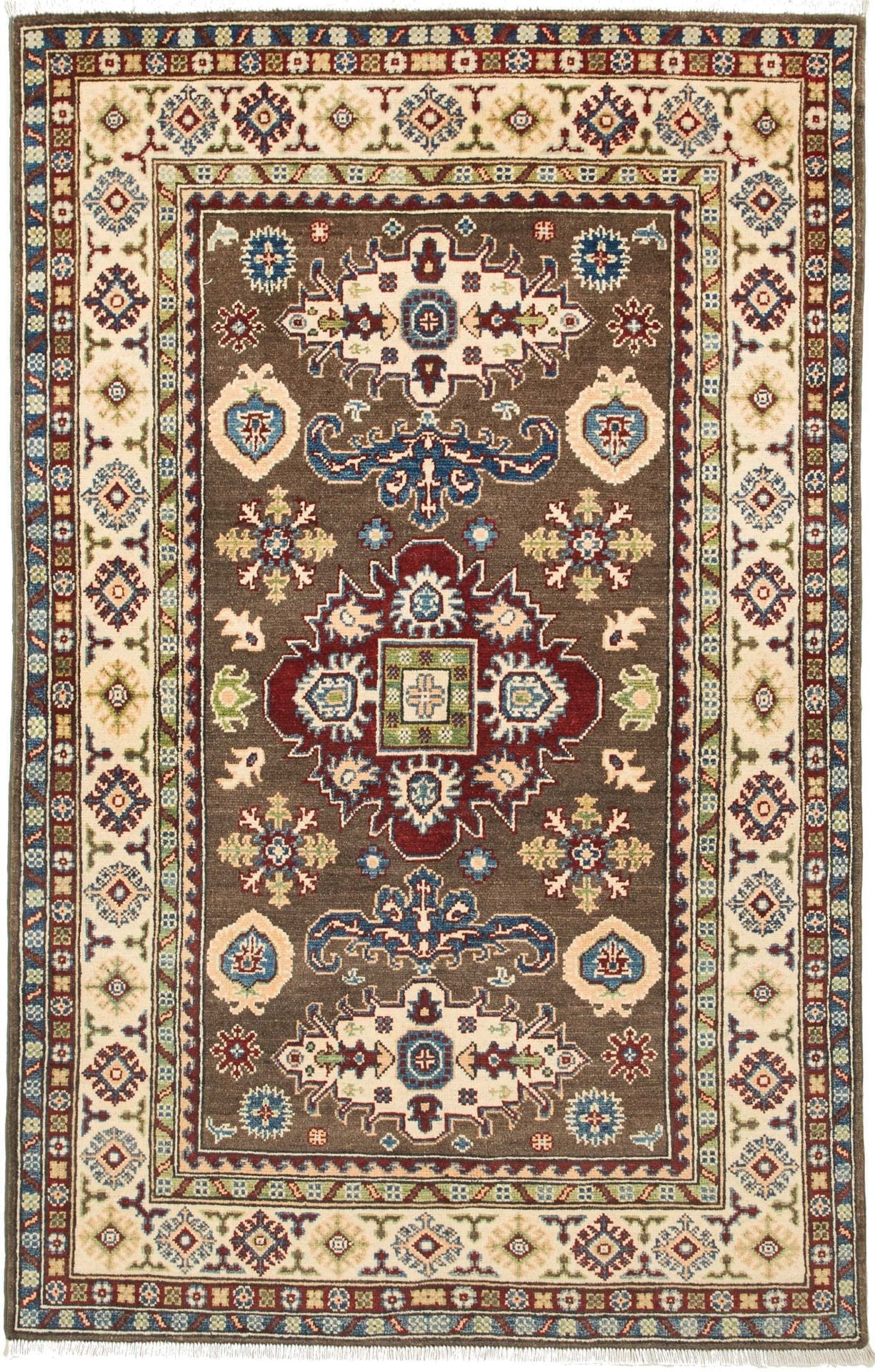 Kazak Orientteppich 122 x 187 cm mit geometrischen Mustern, handgeknüpft