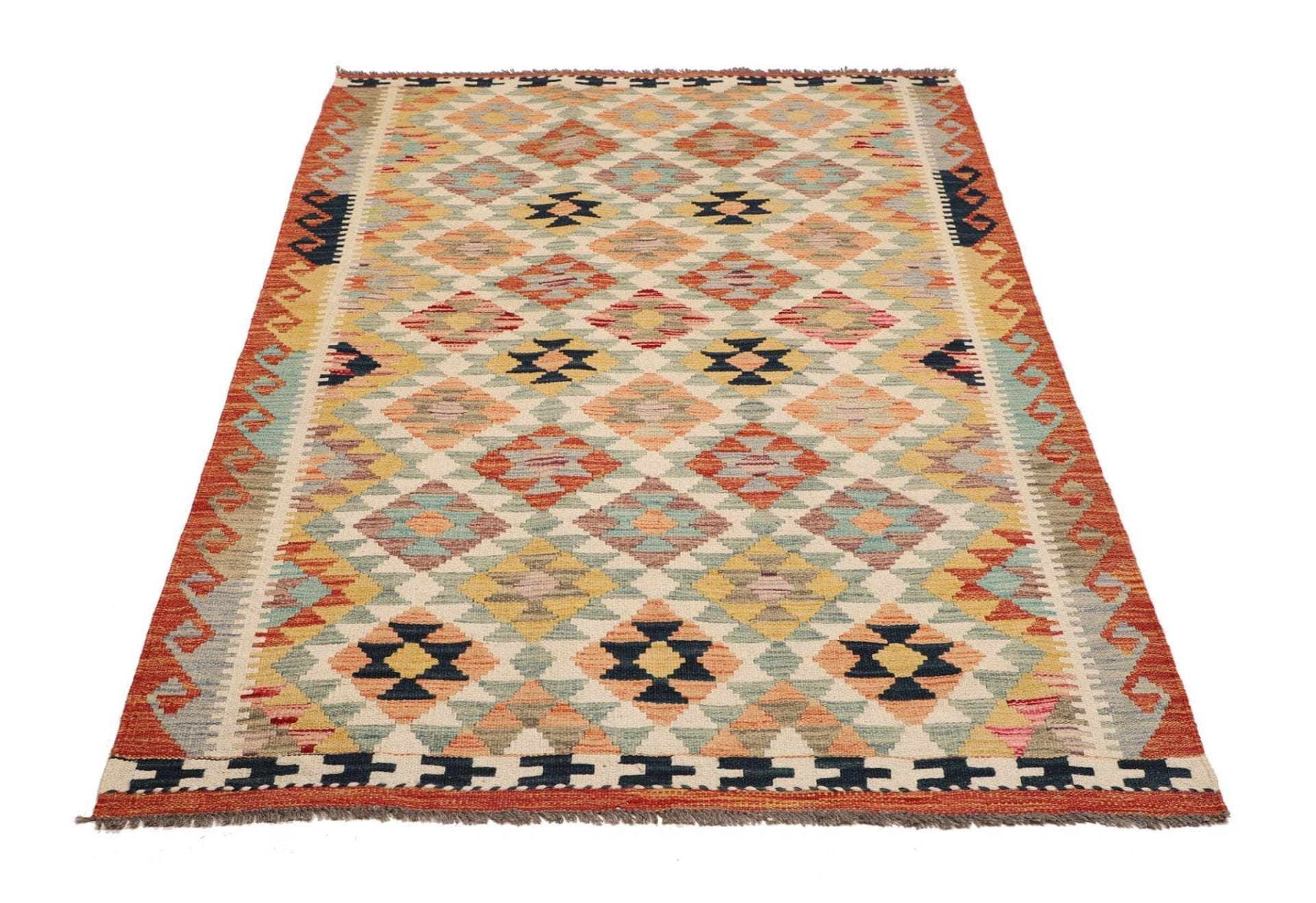 Kelim Teppich 122 x 177cm, handgewebt, rustikales Design, Wolle