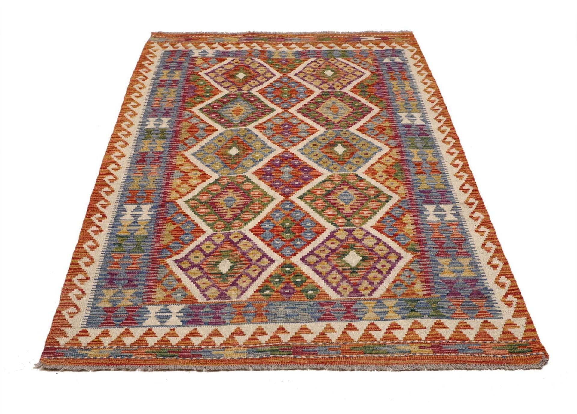 Kelim Teppich 129x187cm, handgewebt, rustikales Flair, Wolle