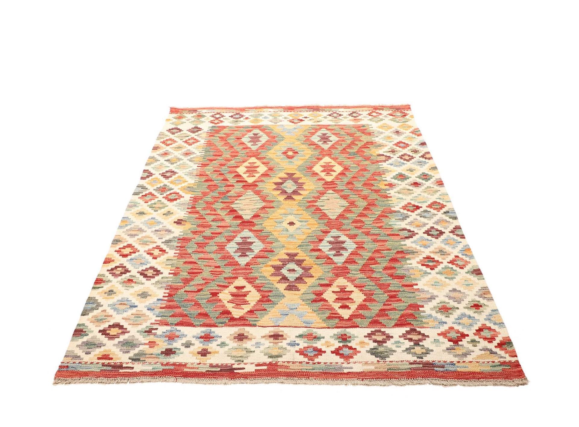 Kelim Teppich 135 x 178cm, handgewebt, rustikales Flair, Wolle