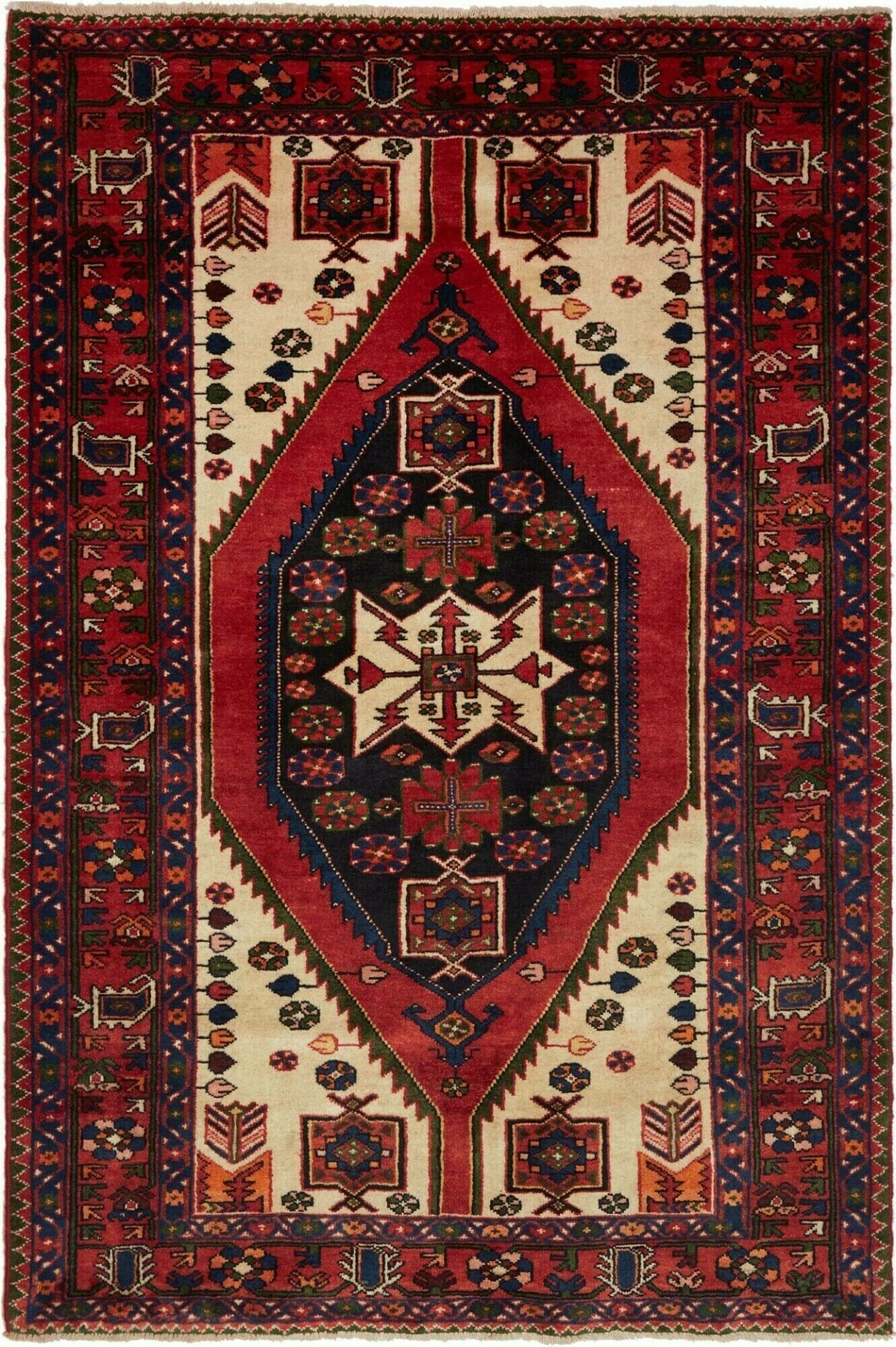 Hamadan Teppich 139 x 203 cm, Schurwolle, florales Muster, handgeknüpft