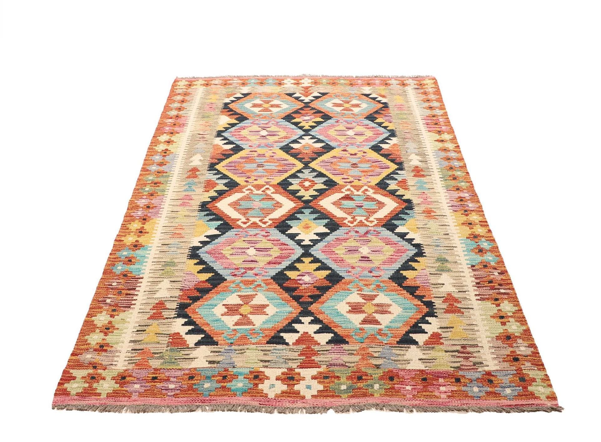 Kelim Teppich 123 x 186cm, handgewebt, rustikales Flair, Wolle