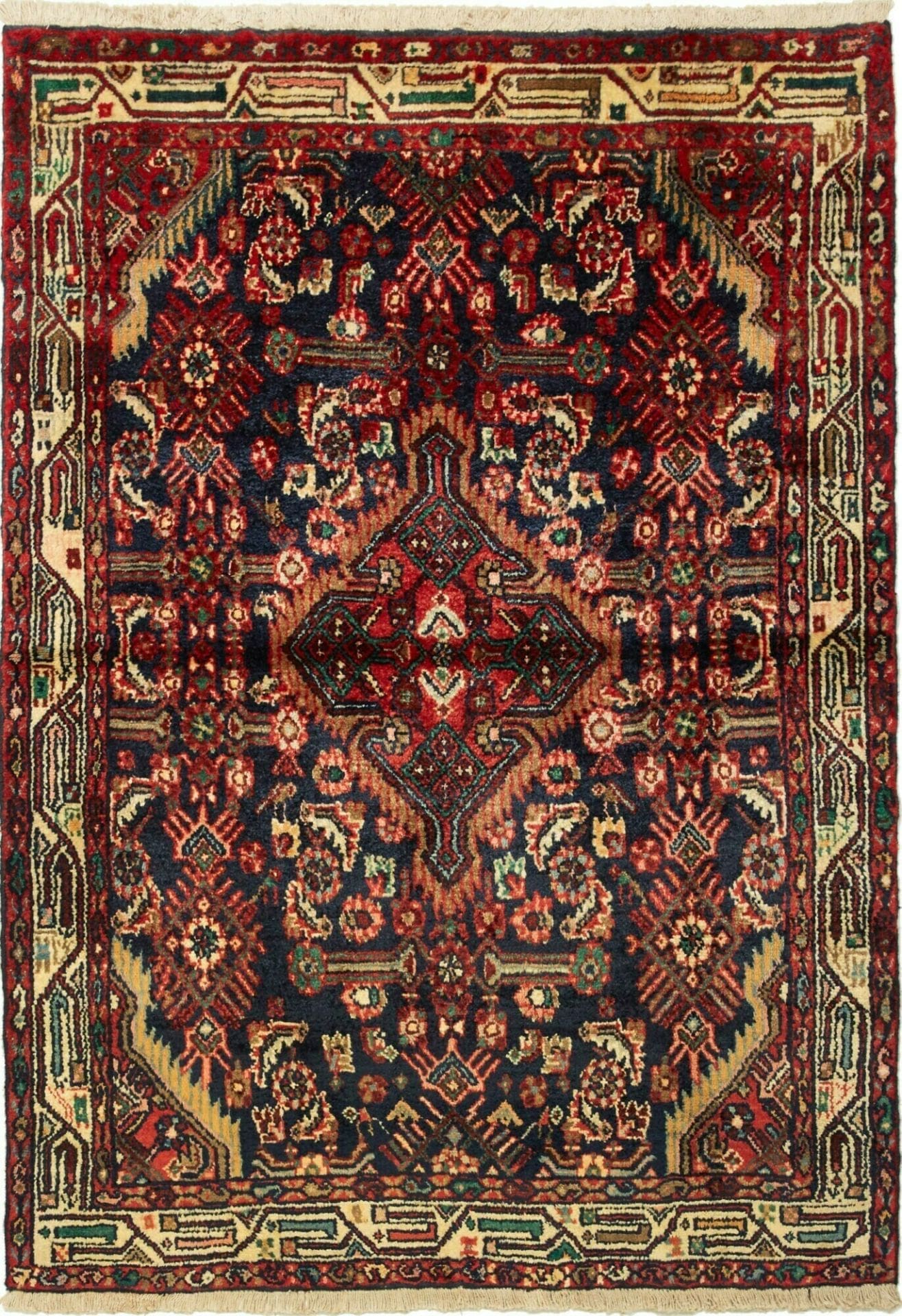 Hamadan Teppich 104 x 143 cm, Schurwolle, Herati-Muster, handgeknüpft