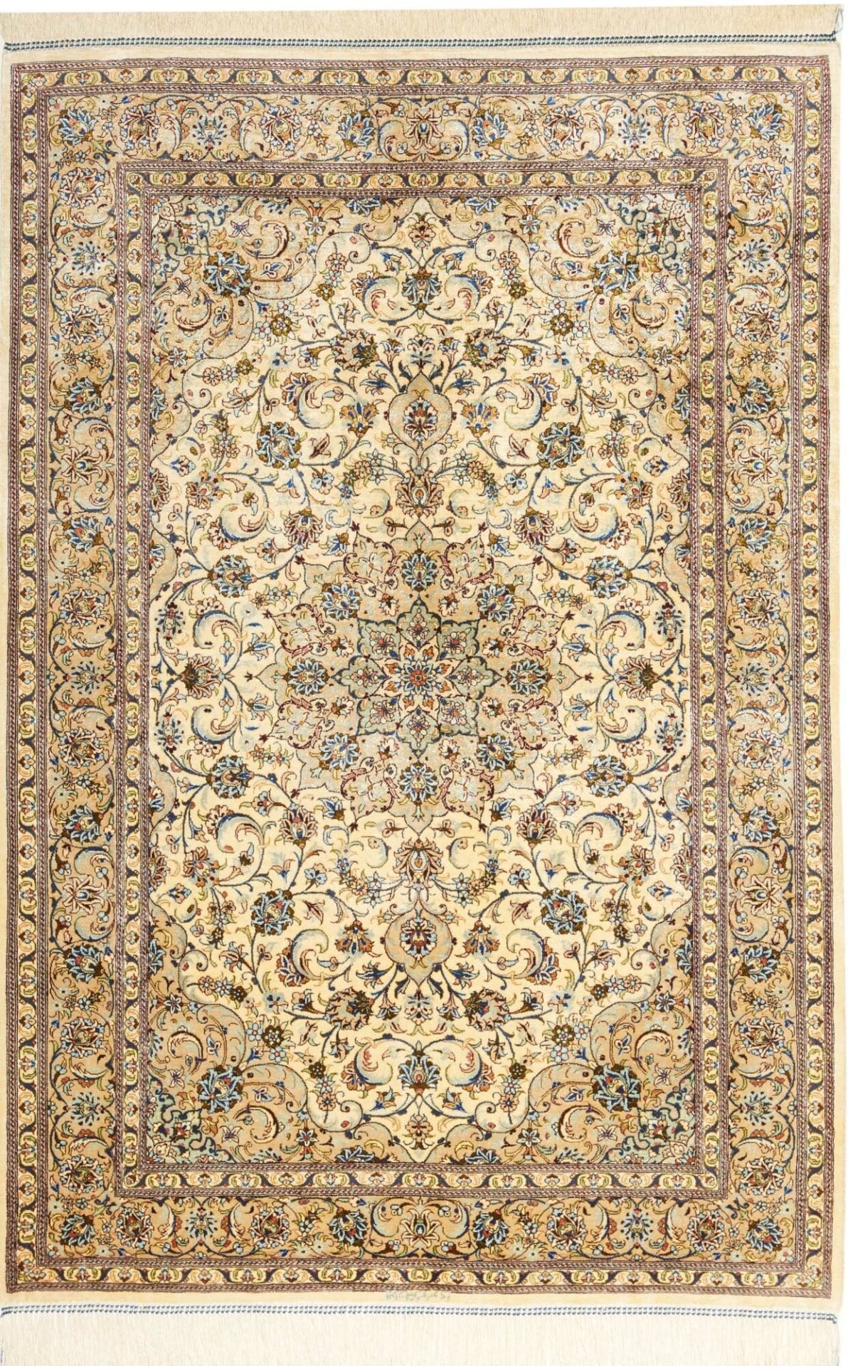 Ghom Teppich 103 x 148cm, Seide, florale Muster, handgeknüpft
