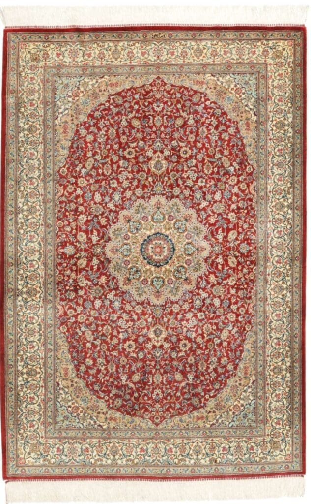 Ghom Teppich 106 x 143 cm, Seide, handgeknüpft, Perserteppich