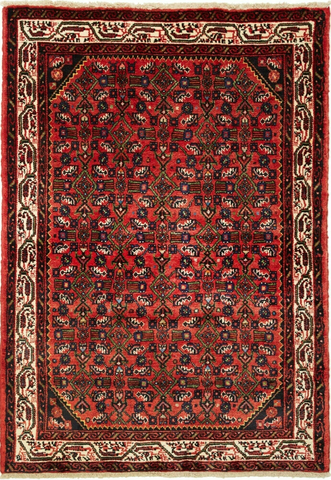 Hamadan Teppich 113 x 155 cm, Schurwolle, geometrisches Muster, handgeknüpft