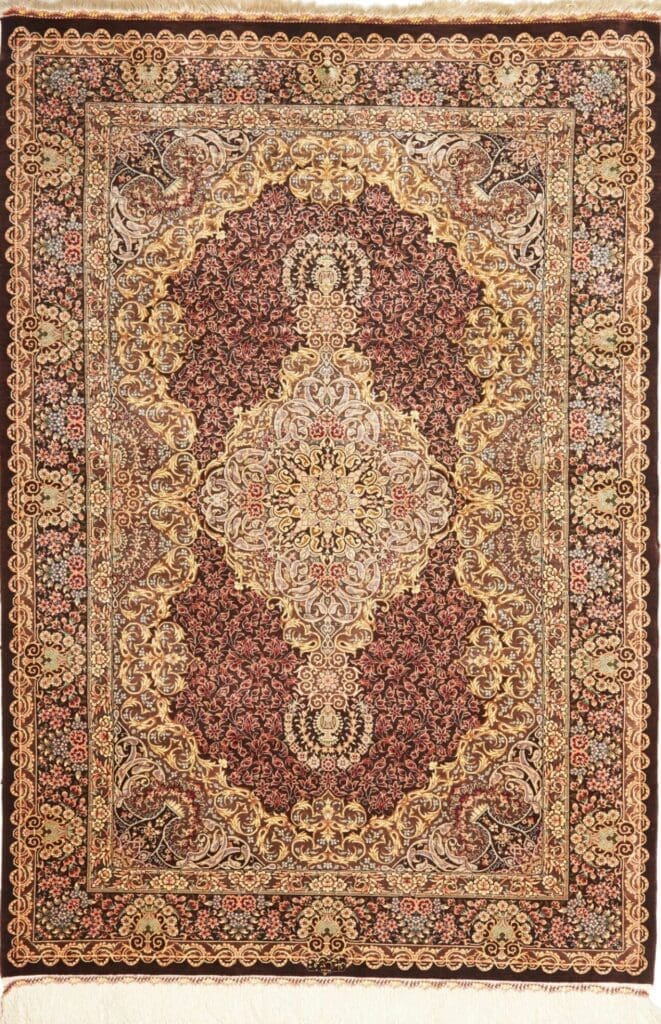 Ghom Teppich 106 x 148 cm, Seide, florale Muster, handgeknüpft