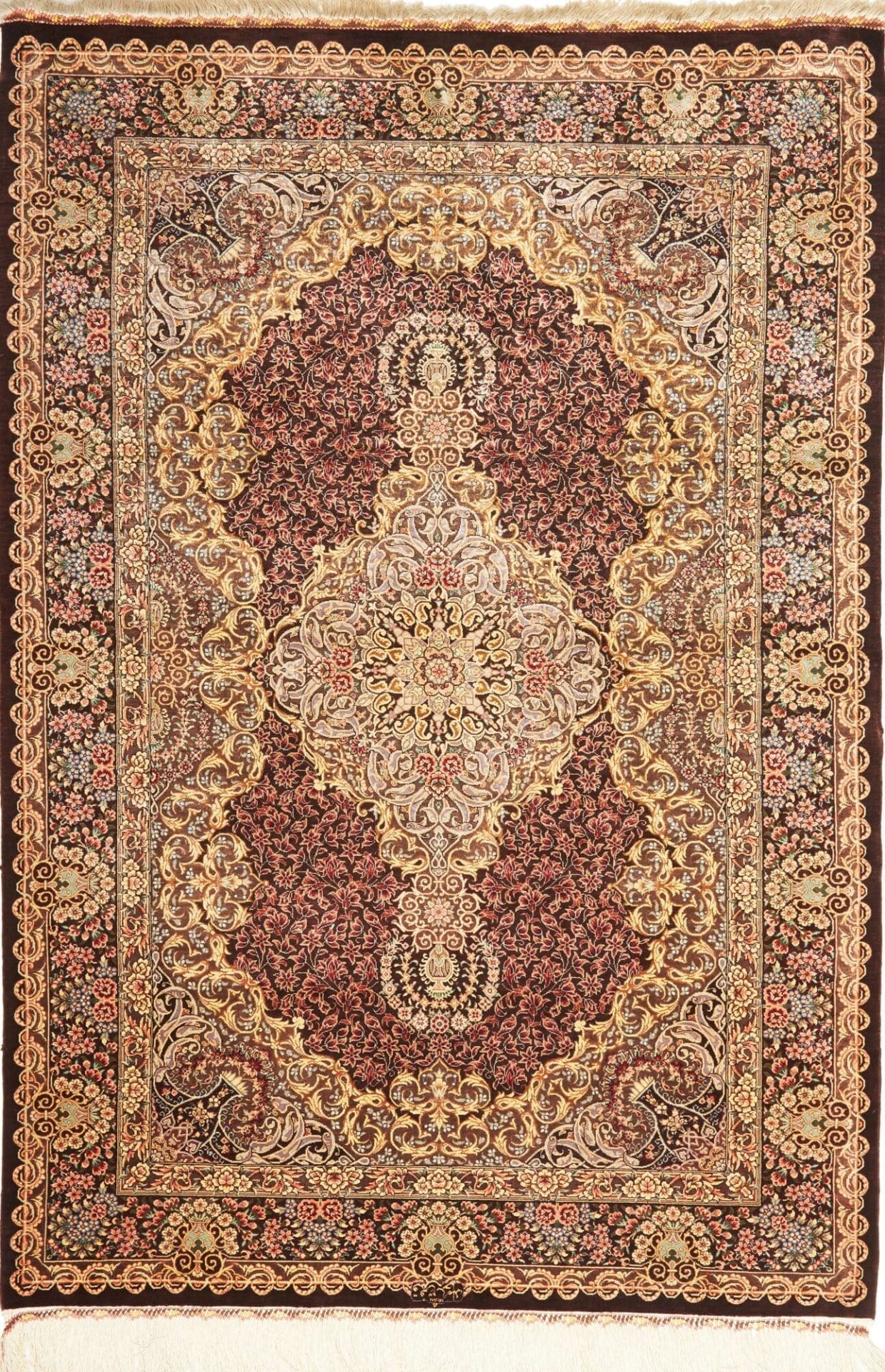 Ghom Teppich 106 x 148 cm, Seide, florale Muster, handgeknüpft
