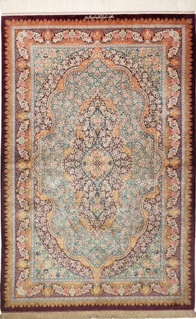 Ghom Teppich 105 x 153 cm, Seide, handgeknüpft, Perserteppich