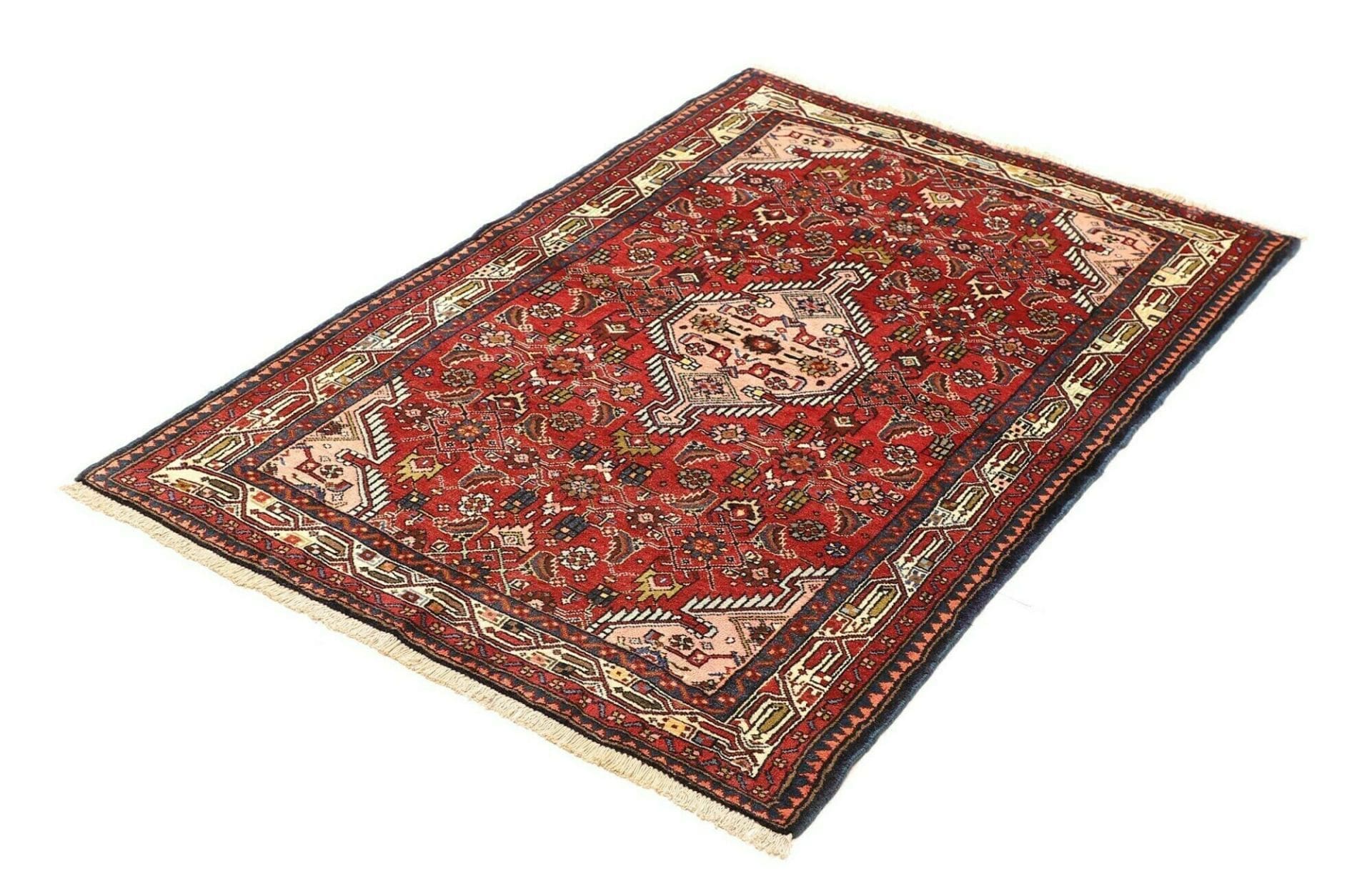 Hamadan Teppich 104 x 144 cm, Schurwolle, geometrisches Muster, handgeknüpft