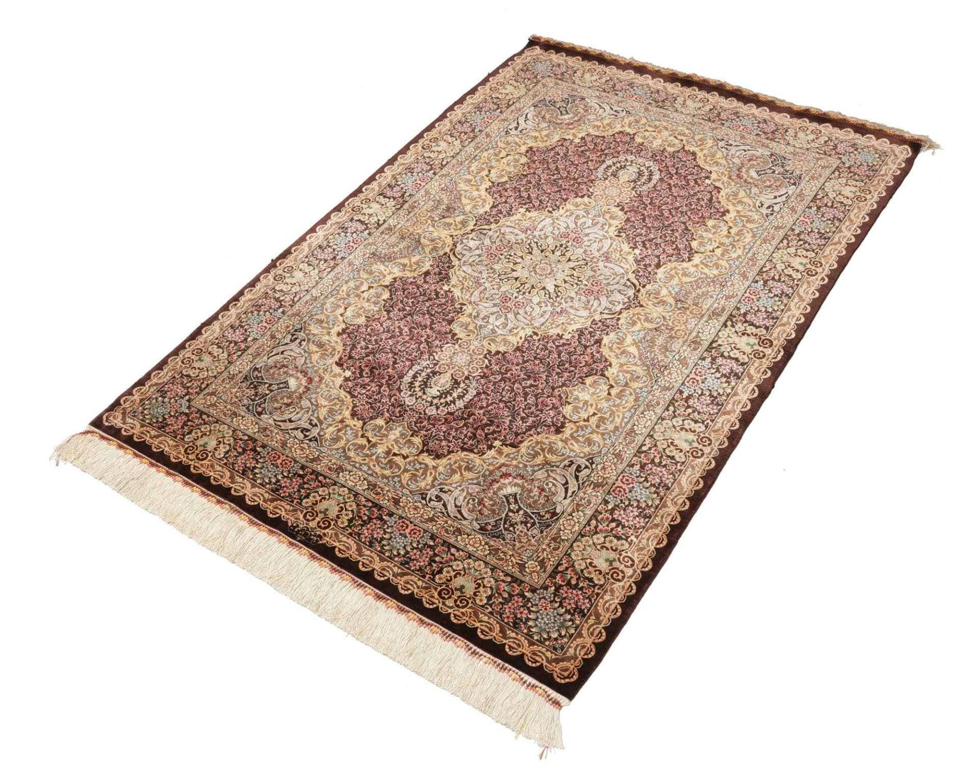 Ghom Teppich 106 x 148 cm, Seide, florale Muster, handgeknüpft