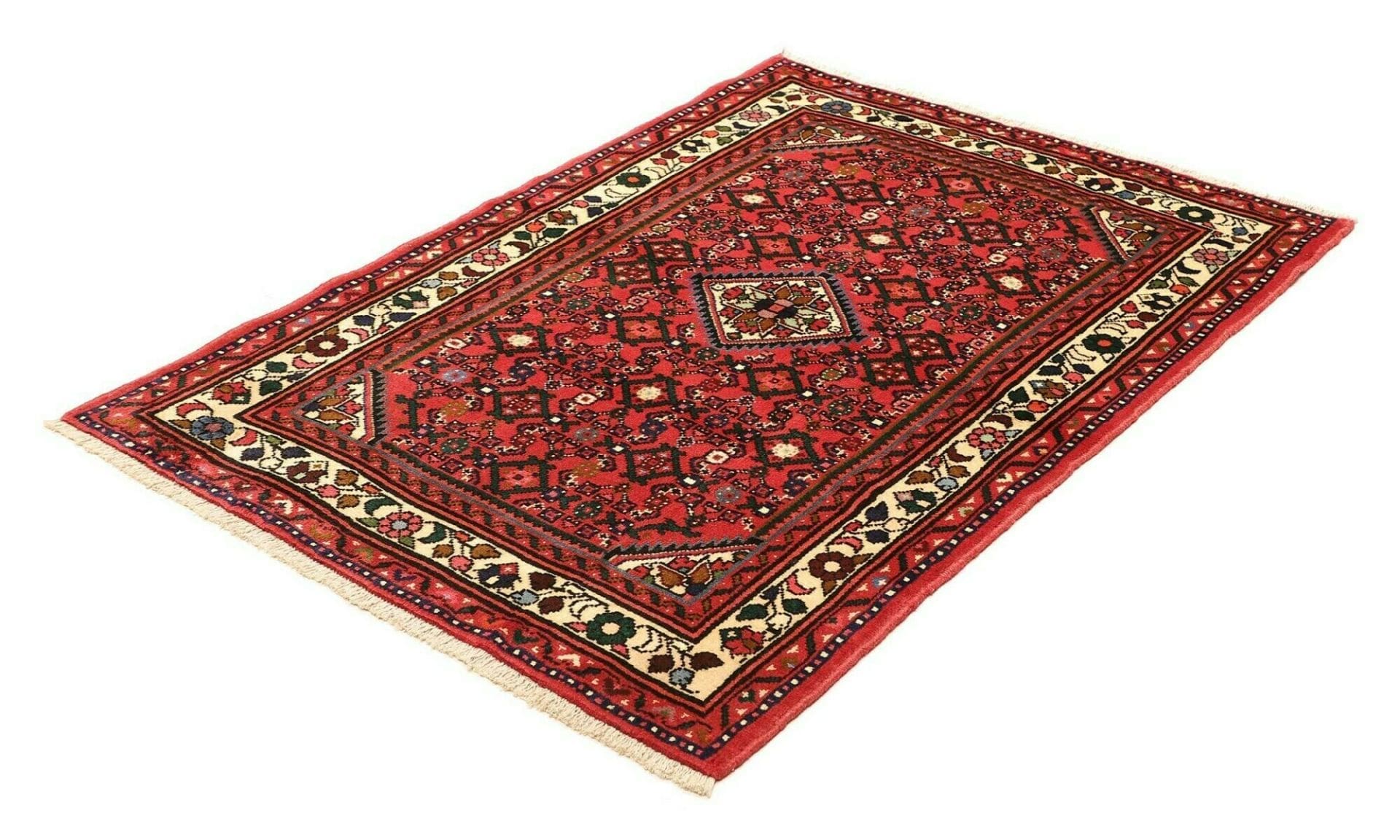 Hamadan Teppich 103 x 142cm, Schurwolle, geometrisches Muster, handgeknüpft