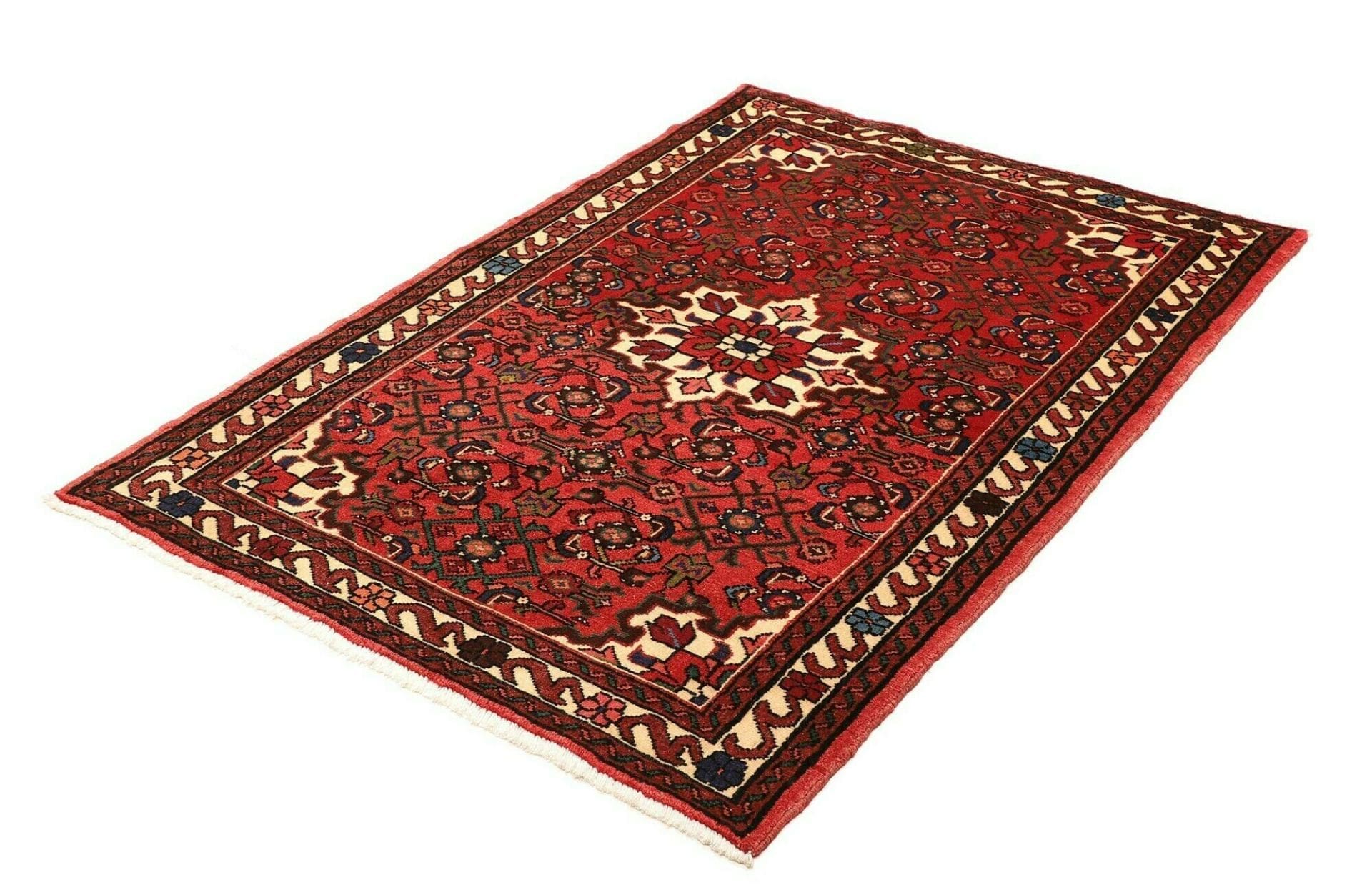Hamadan Teppich 107 x 148 cm, Schurwolle, geometrisches Muster, handgeknüpft