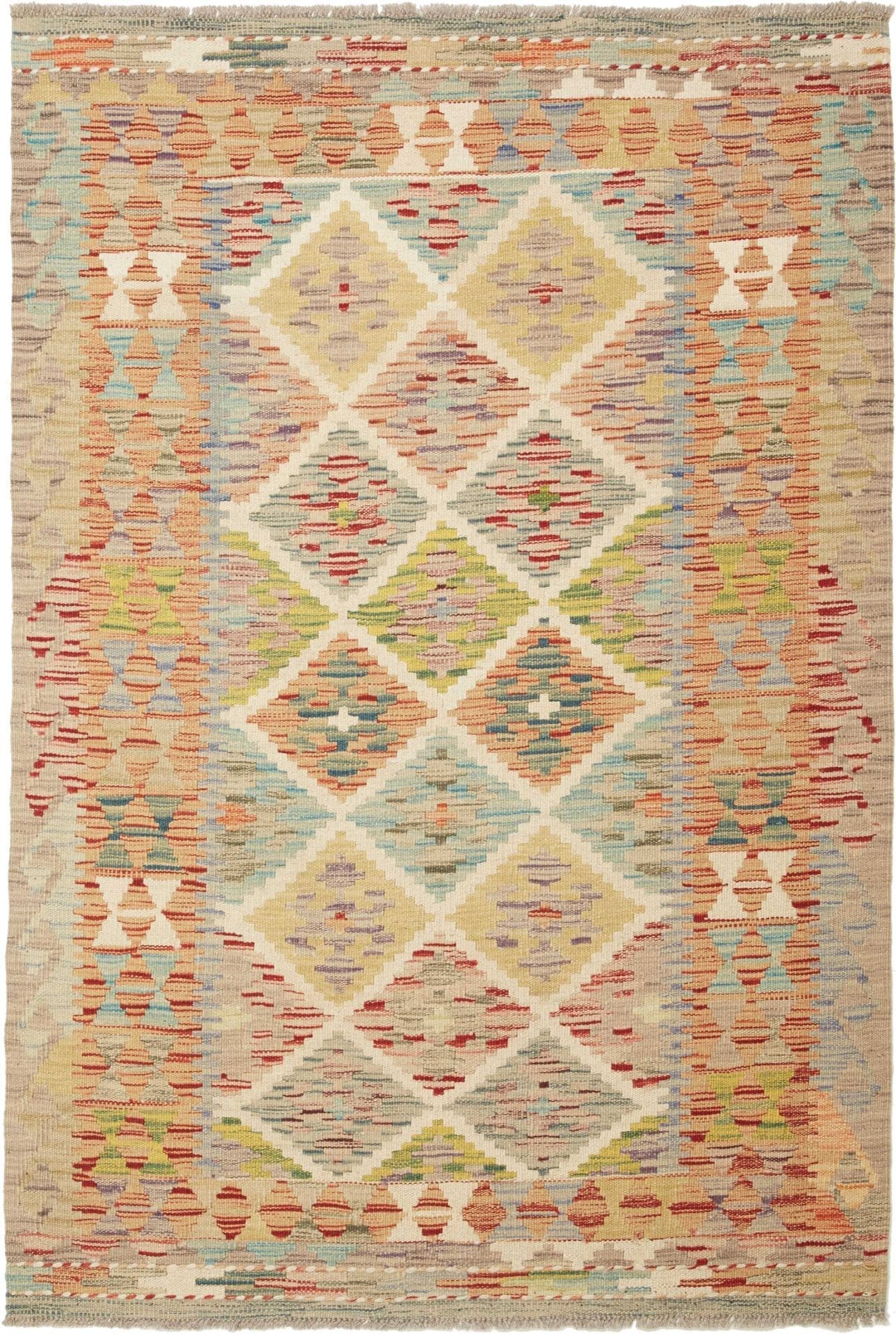 Kelim Teppich 106 x 150cm aus Schurwolle, handgewebt, rustikal