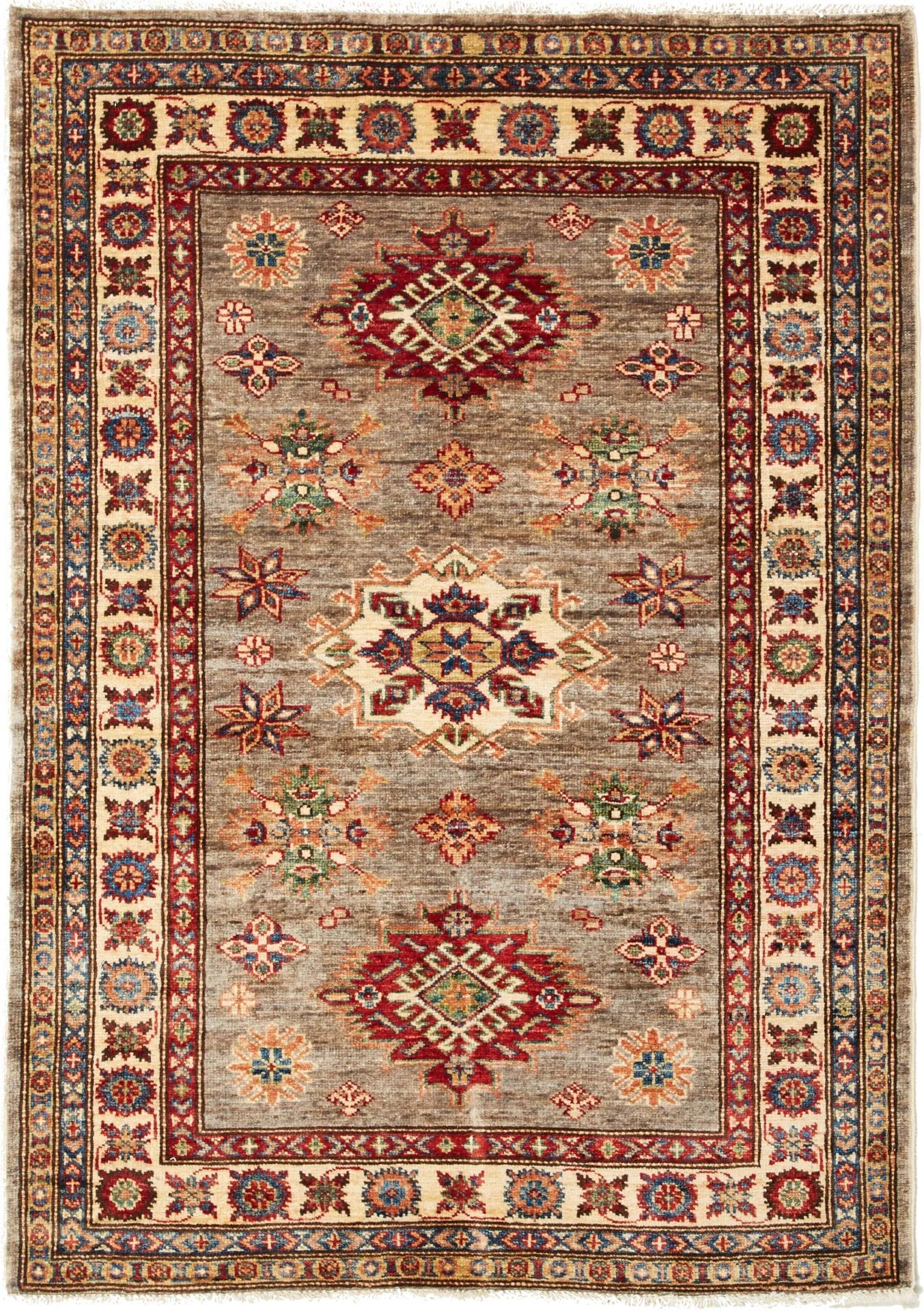 Kazak Teppich 106 x 144 cm, geometrisches Muster, handgeknüpft