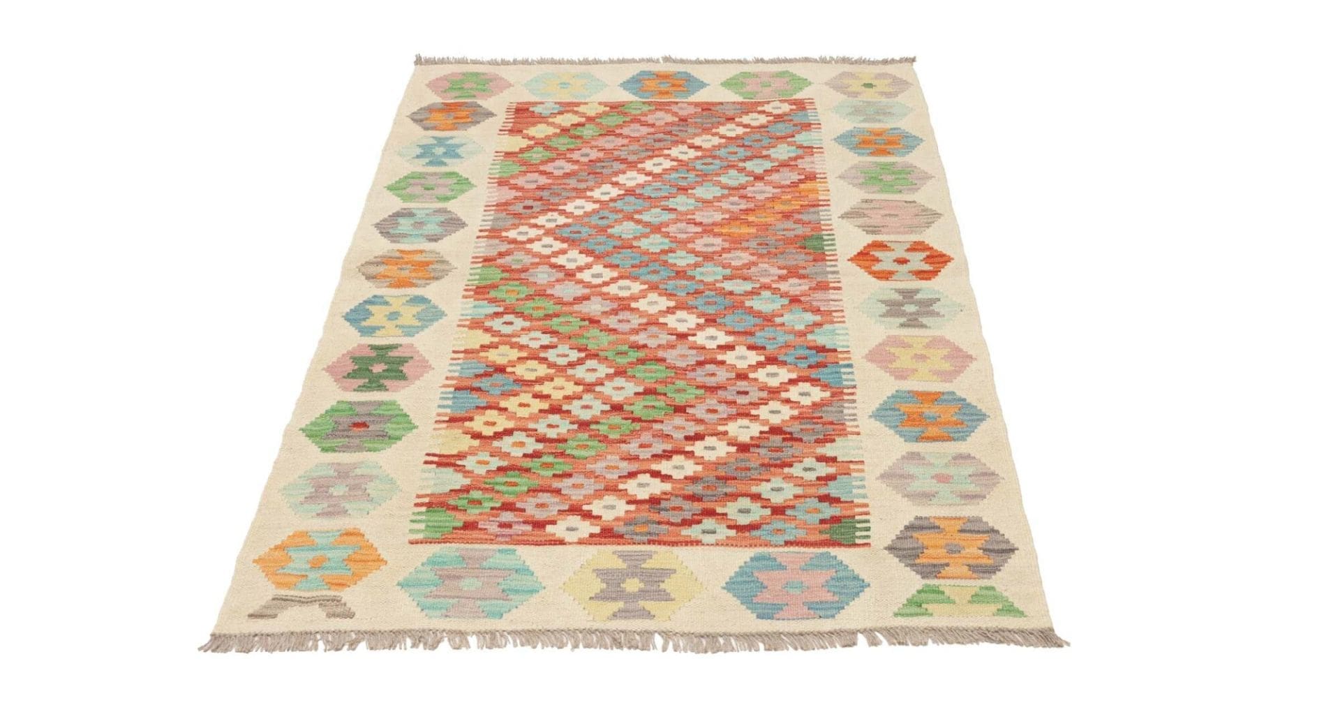 (Verkauft) Kelim Teppich 107 x 148cm, handgewebt, rustikales Flair, Wolle