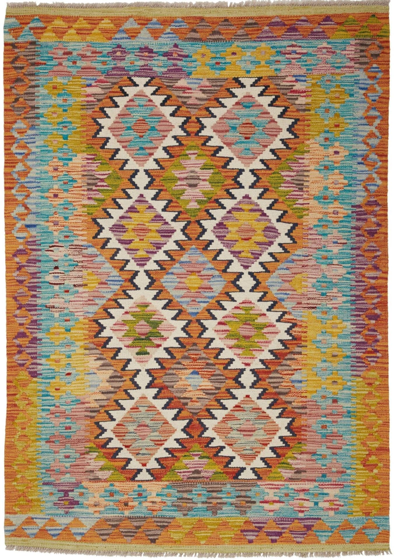 Kelim Teppich 107 x 150cm aus Schurwolle, handgewebt, rustikal