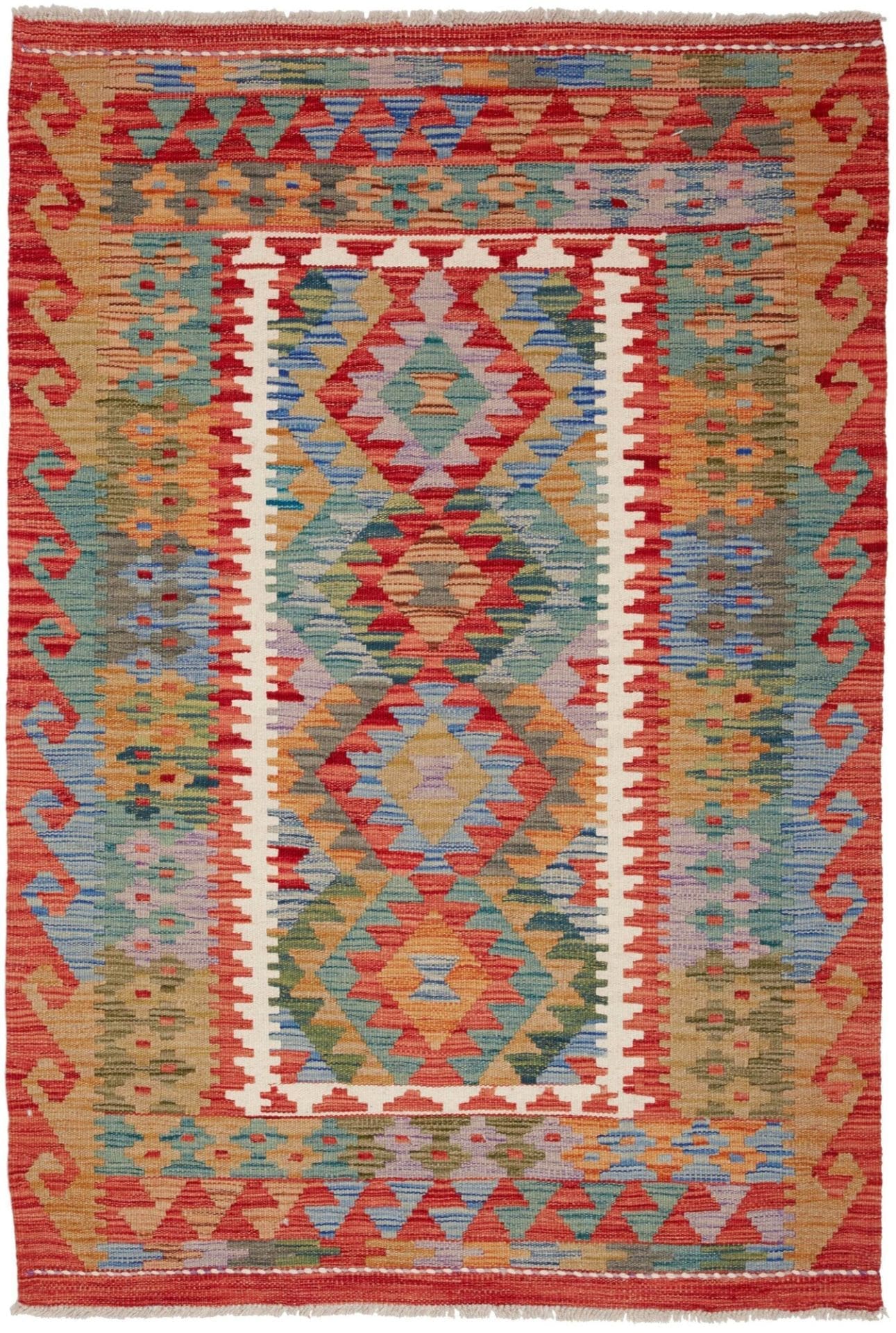 Kelim Teppich 102 x 146cm, handgewebt, rustikales Flair, Wolle