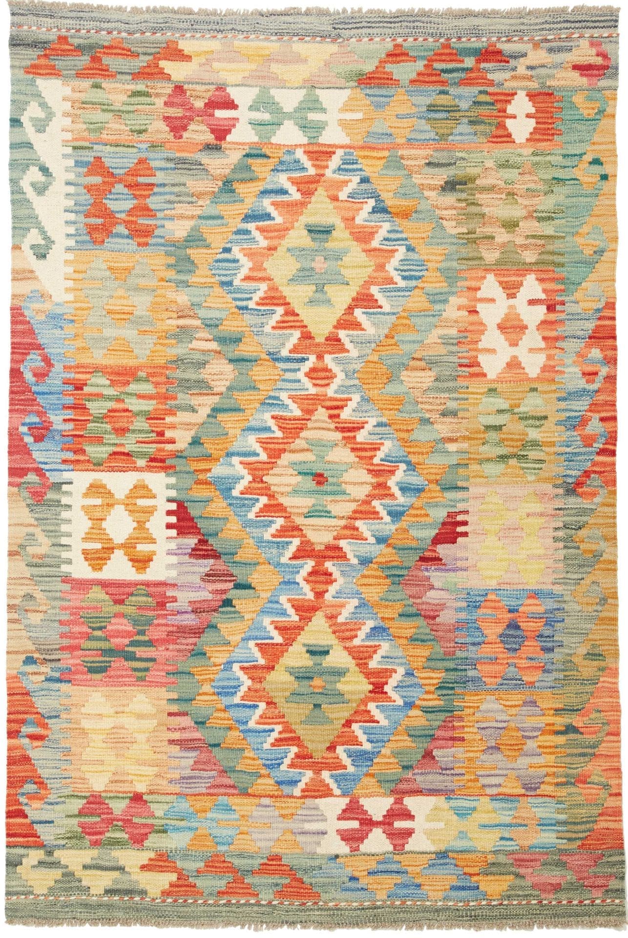 Kelim Teppich 101 x 146cm aus Schurwolle, handgewebt, rustikal