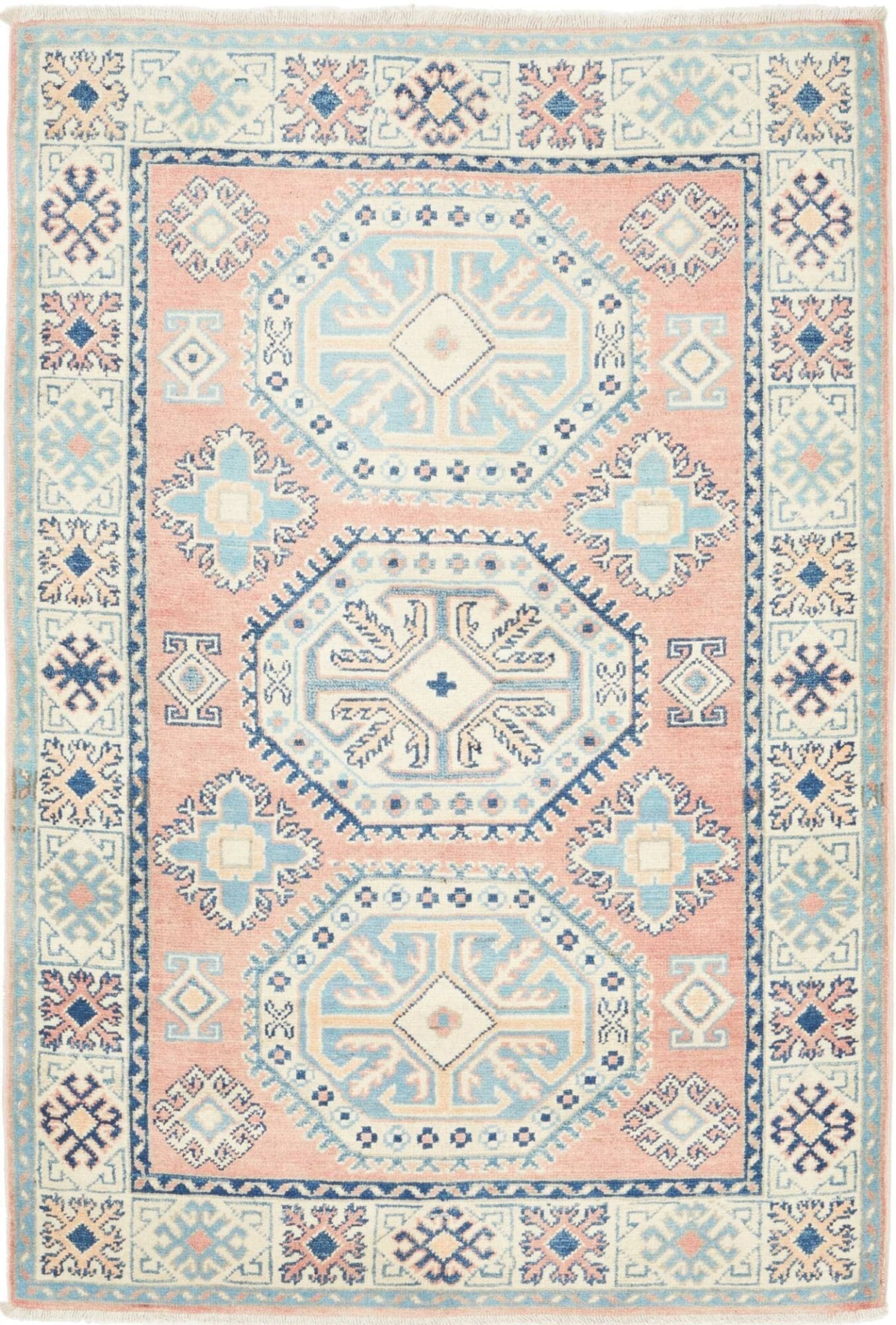 Kazak Orientteppich 101 x 143cm mit geometrischen Mustern, handgeknüpft