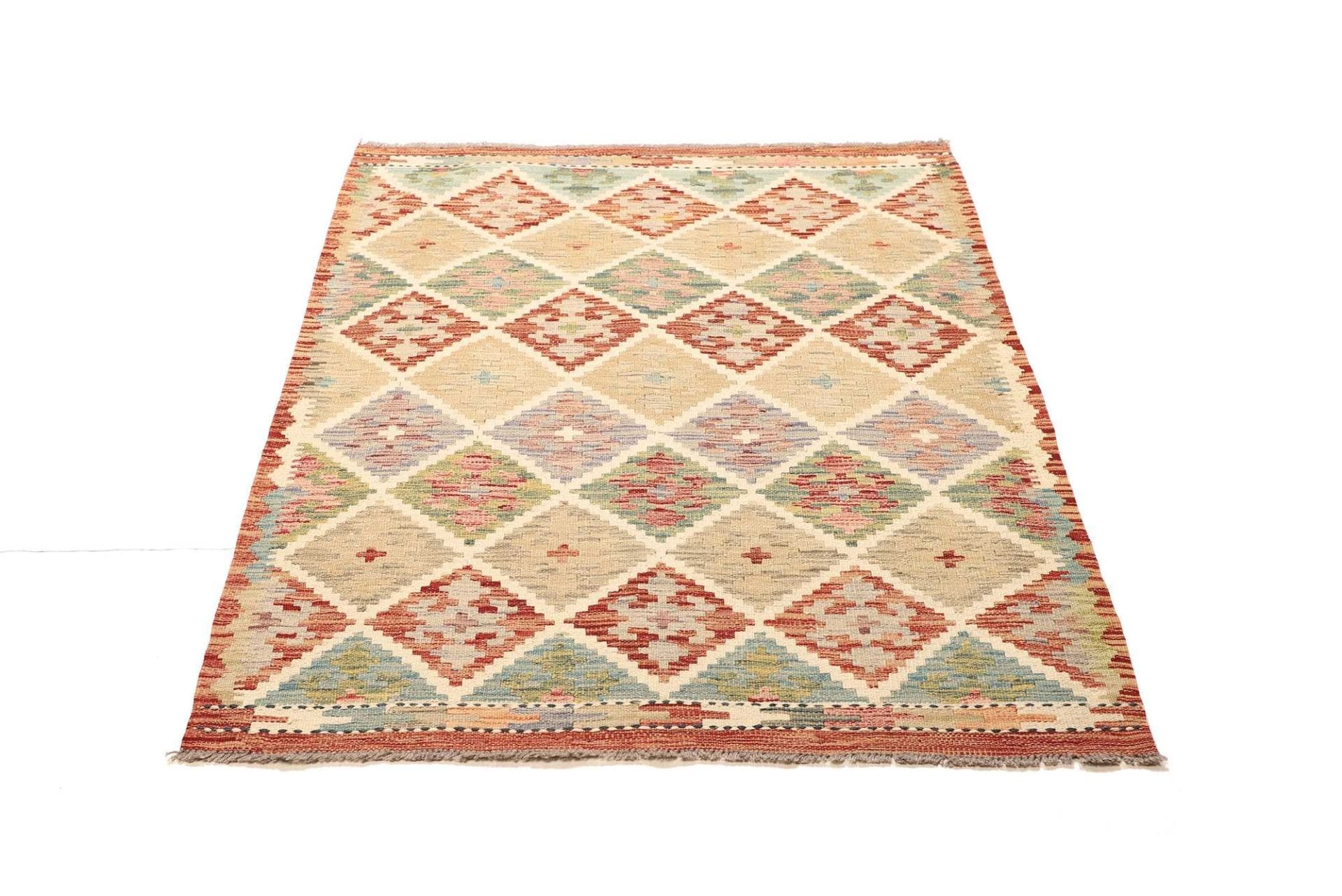 Kelim Teppich 112 x 139 cm, handgewebt, rustikales Design, Wolle