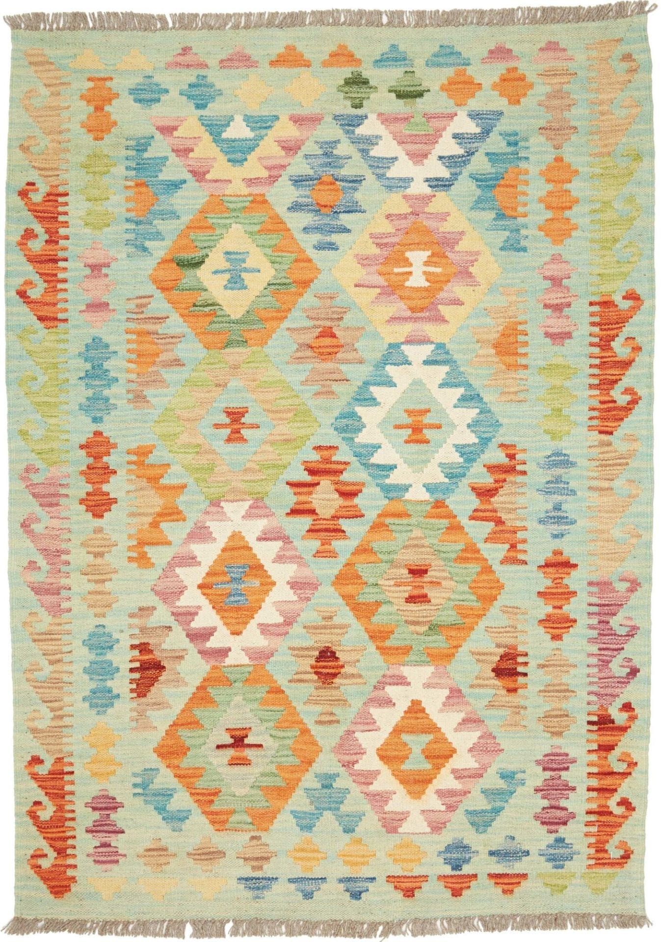 Kelim Teppich 109 x 148 cm aus Schurwolle, handgewebt, rustikal