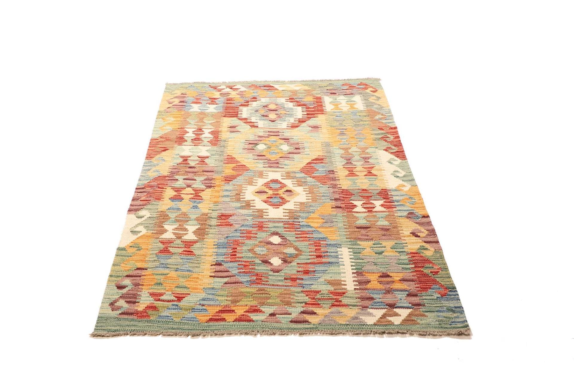 Kelim Teppich 106 x 153 cm aus Schurwolle, handgewebt, rustikales Flair