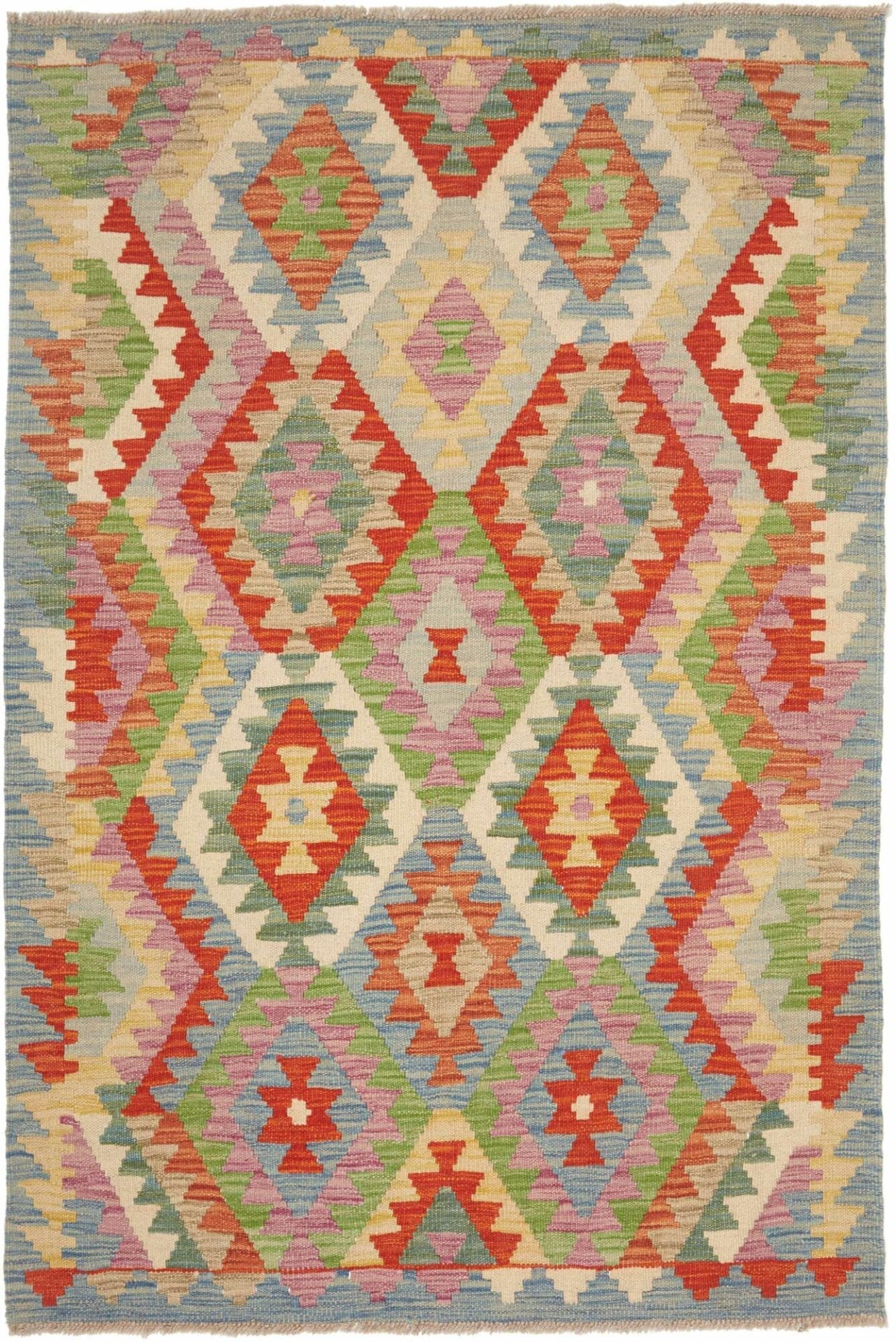 Handgewebter Kelim Teppich 107 x 154 cm aus Schurwolle, bunt
