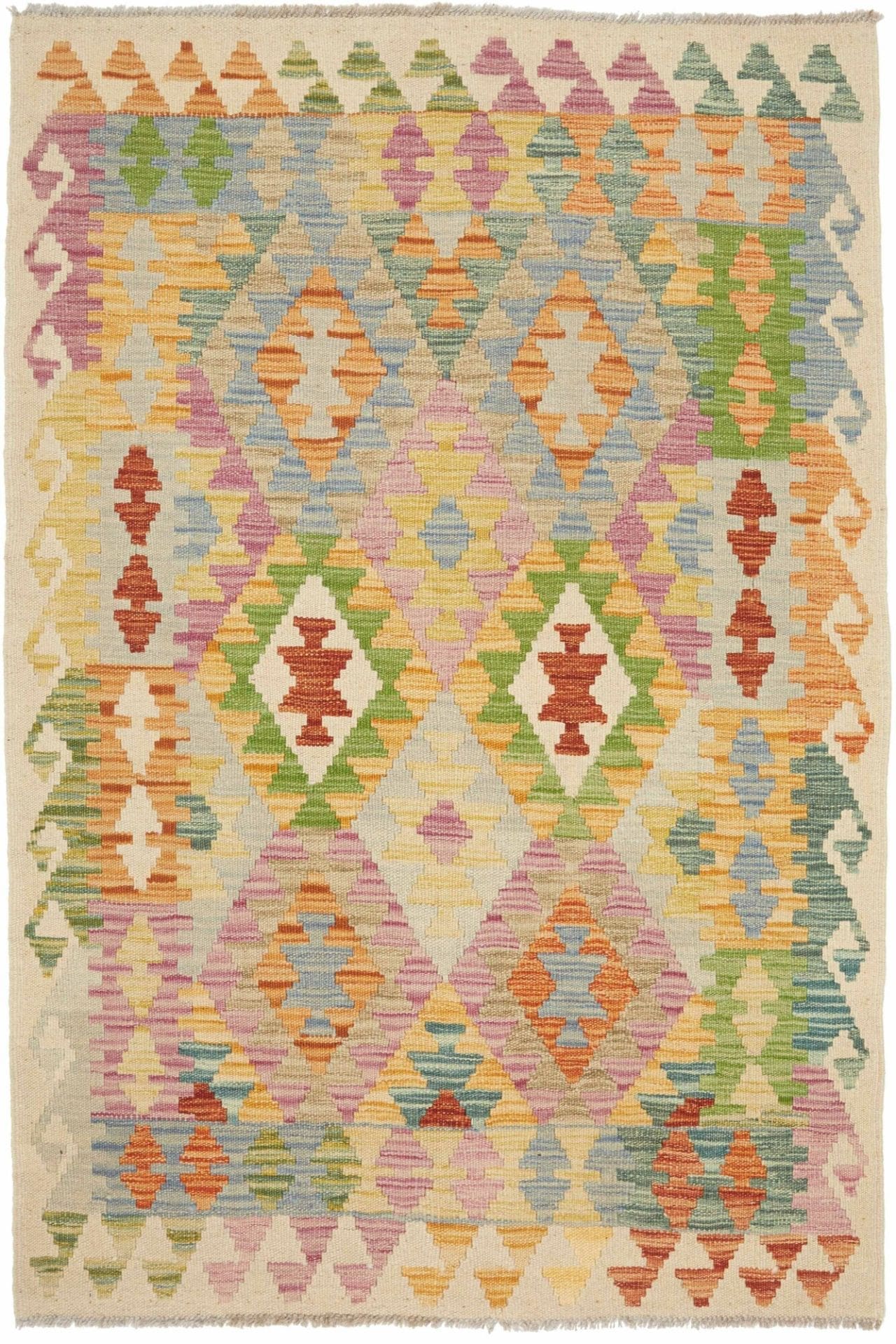 Kelim Teppich 102 x 150 cm aus Schurwolle, handgewebt, rustikal