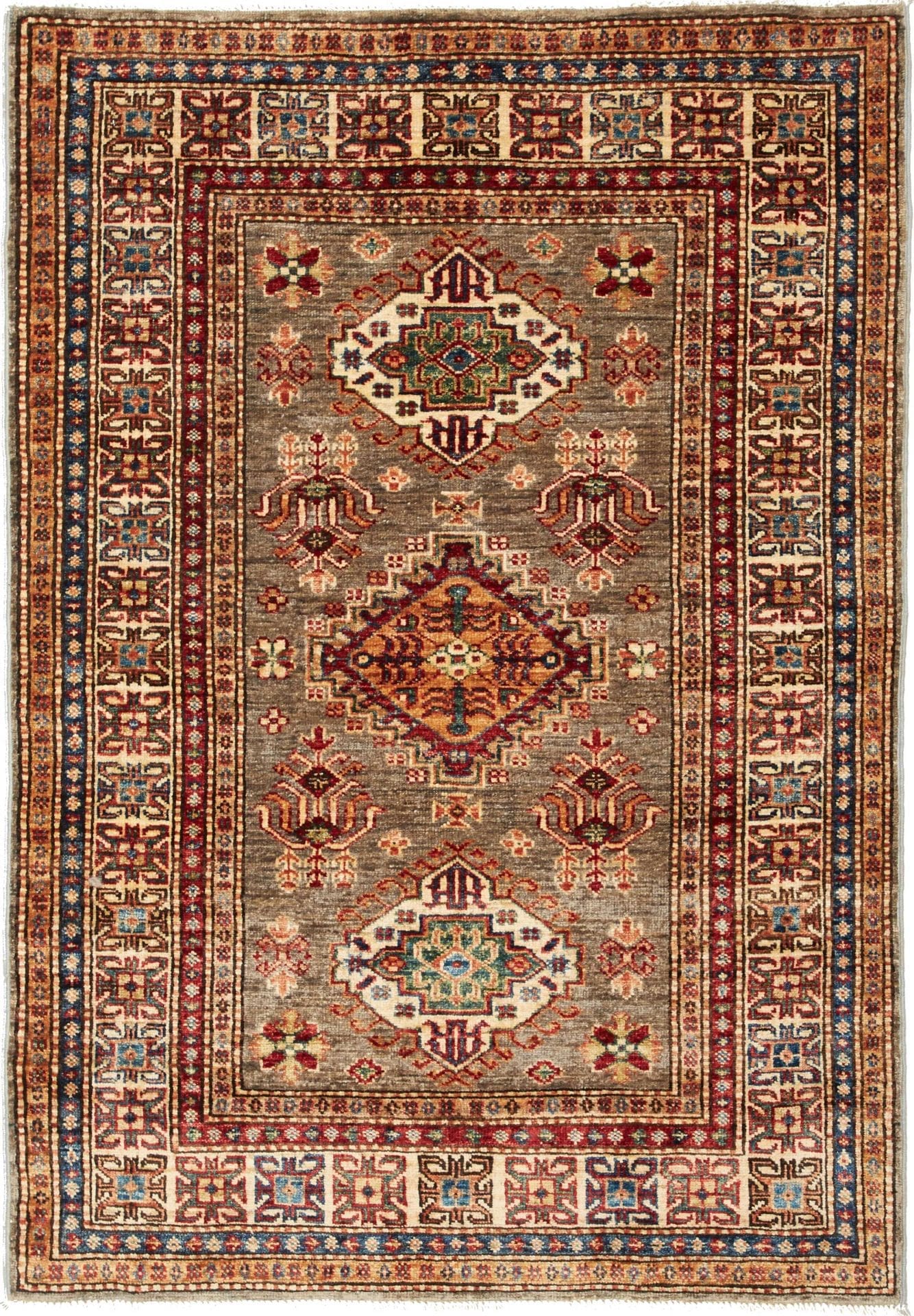 Orientteppich Kazak 103 x 146cm, geometrisches Muster, handgeknüpft