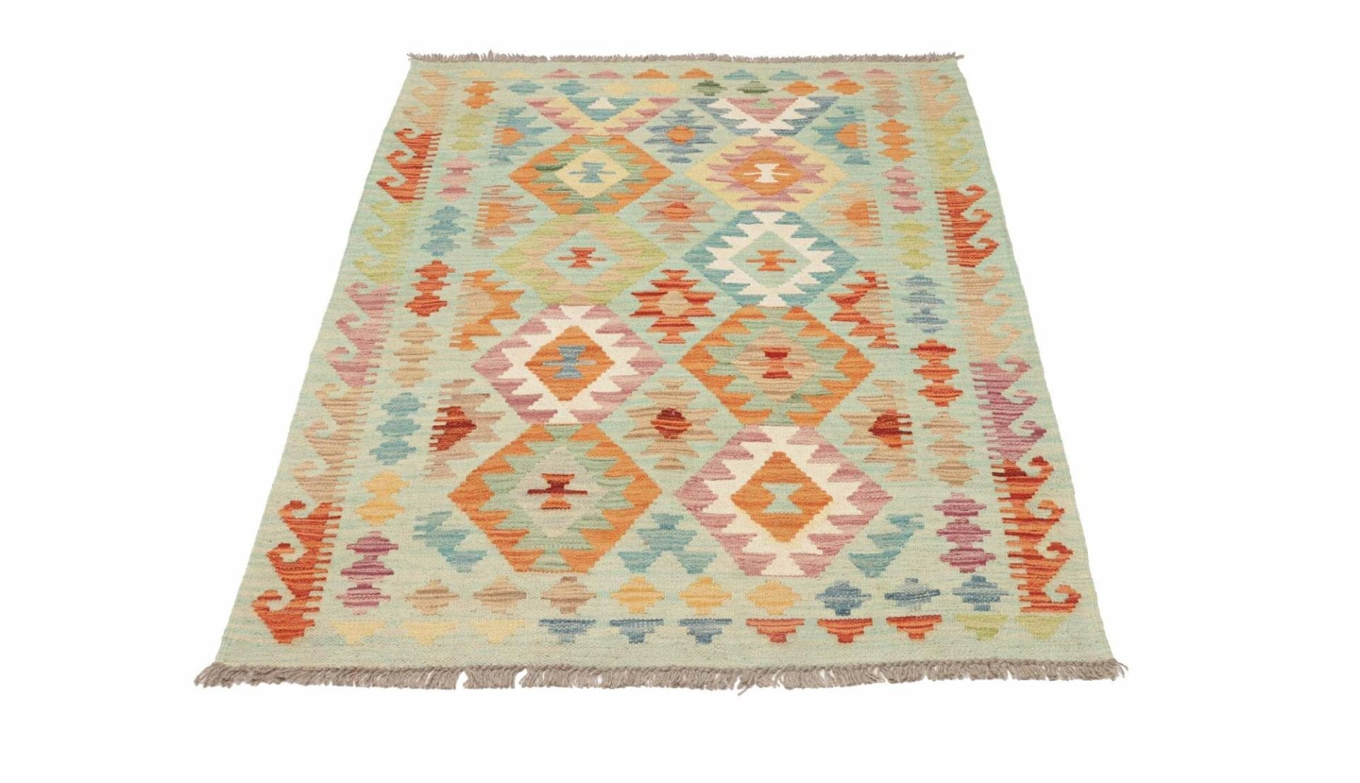 Kelim Teppich 109 x 148 cm aus Schurwolle, handgewebt, rustikal