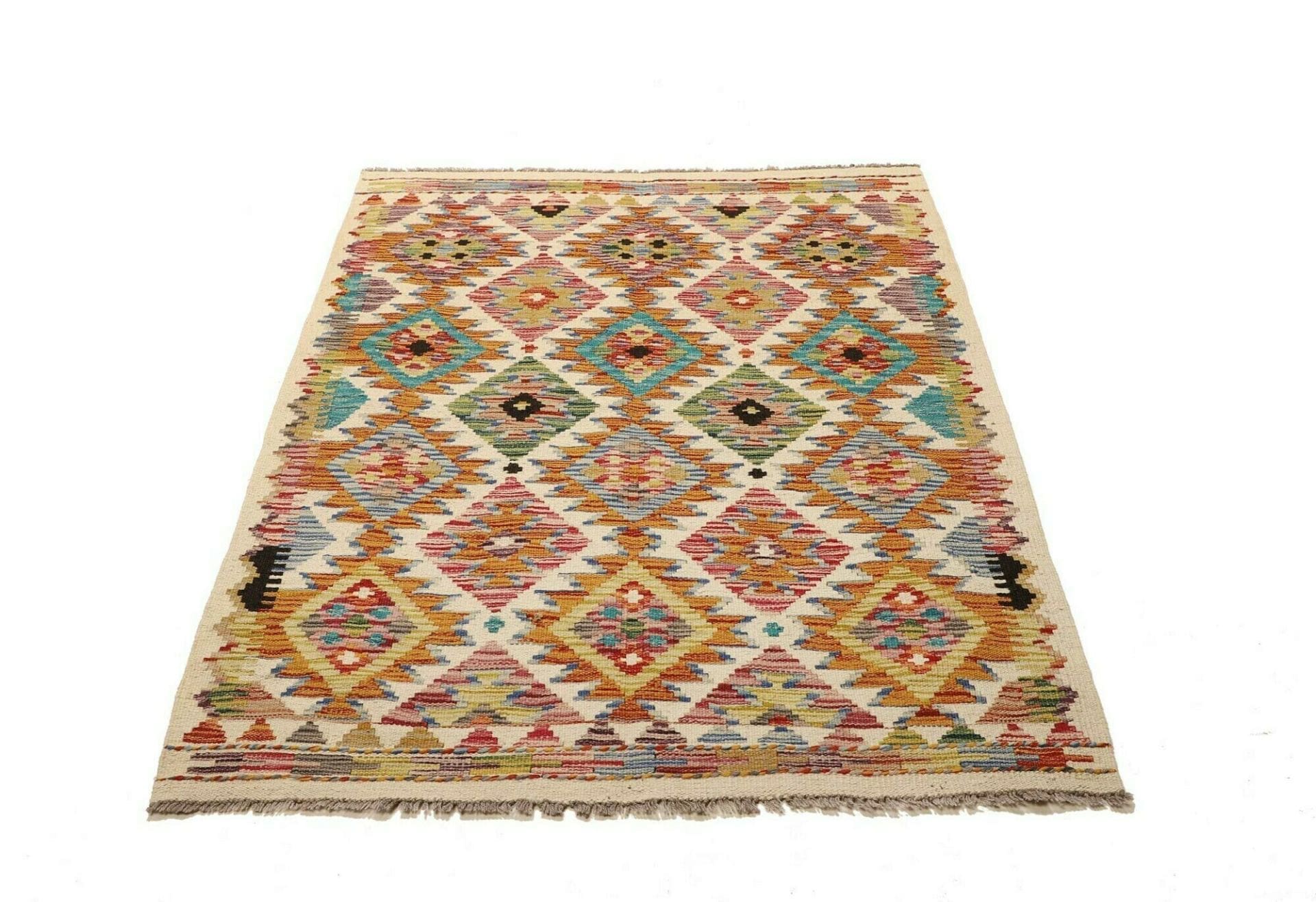 Kelim Teppich 112 x 147cm, handgewebt, rustikales Design aus Wolle