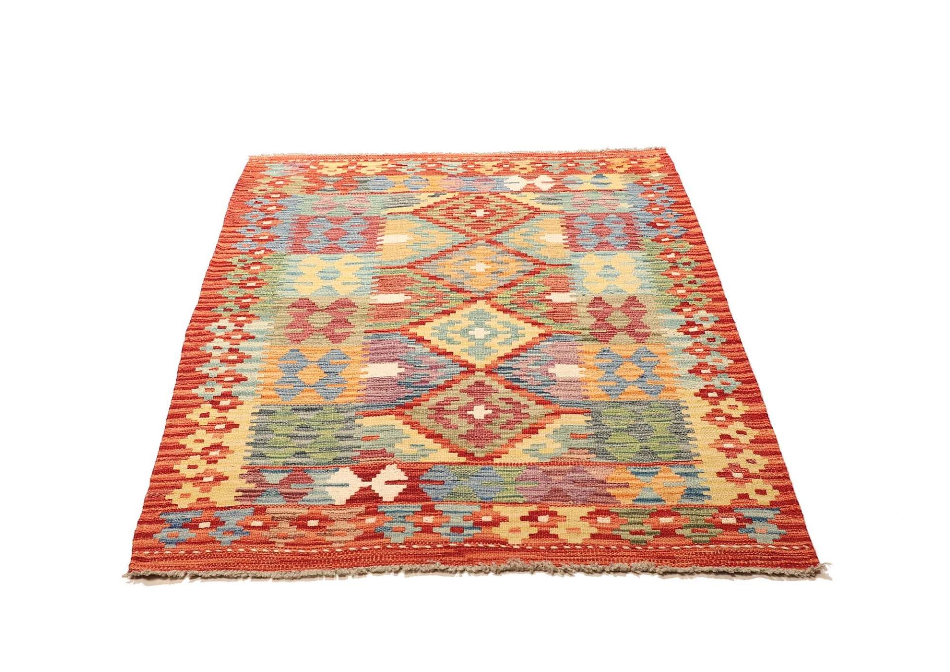 Kelim Teppich 108 x 151 cm, rustikal, handgewebt, Wolle & Baumwolle