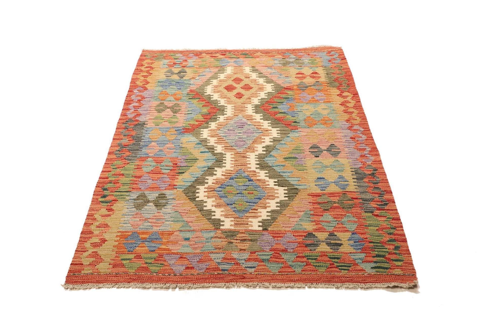 Kelim Teppich 107 x 153 cm aus Schurwolle, handgewebt, rustikal