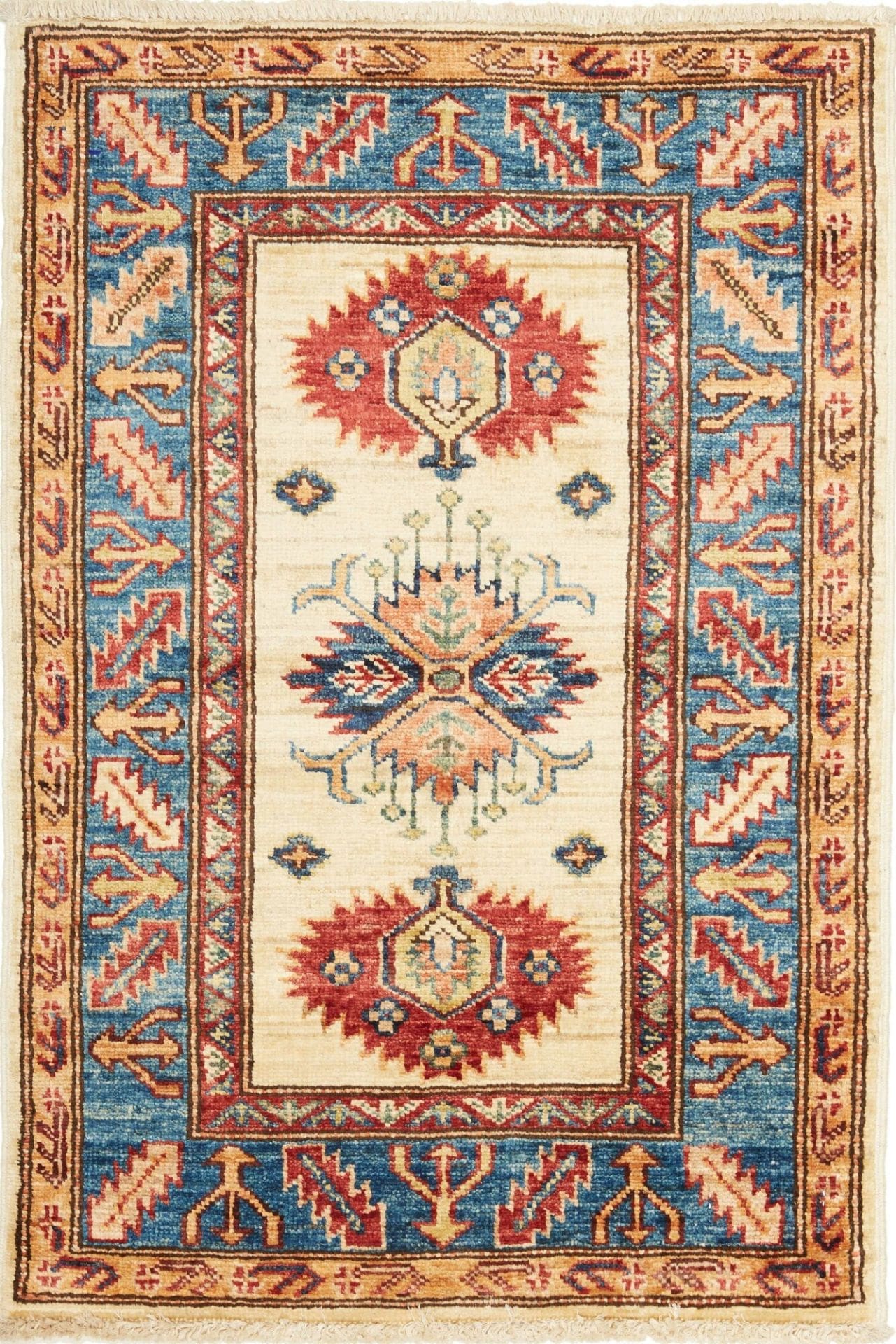 Kazak Teppich 65 x 89 cm, geometrisches Muster, handgeknüpft
