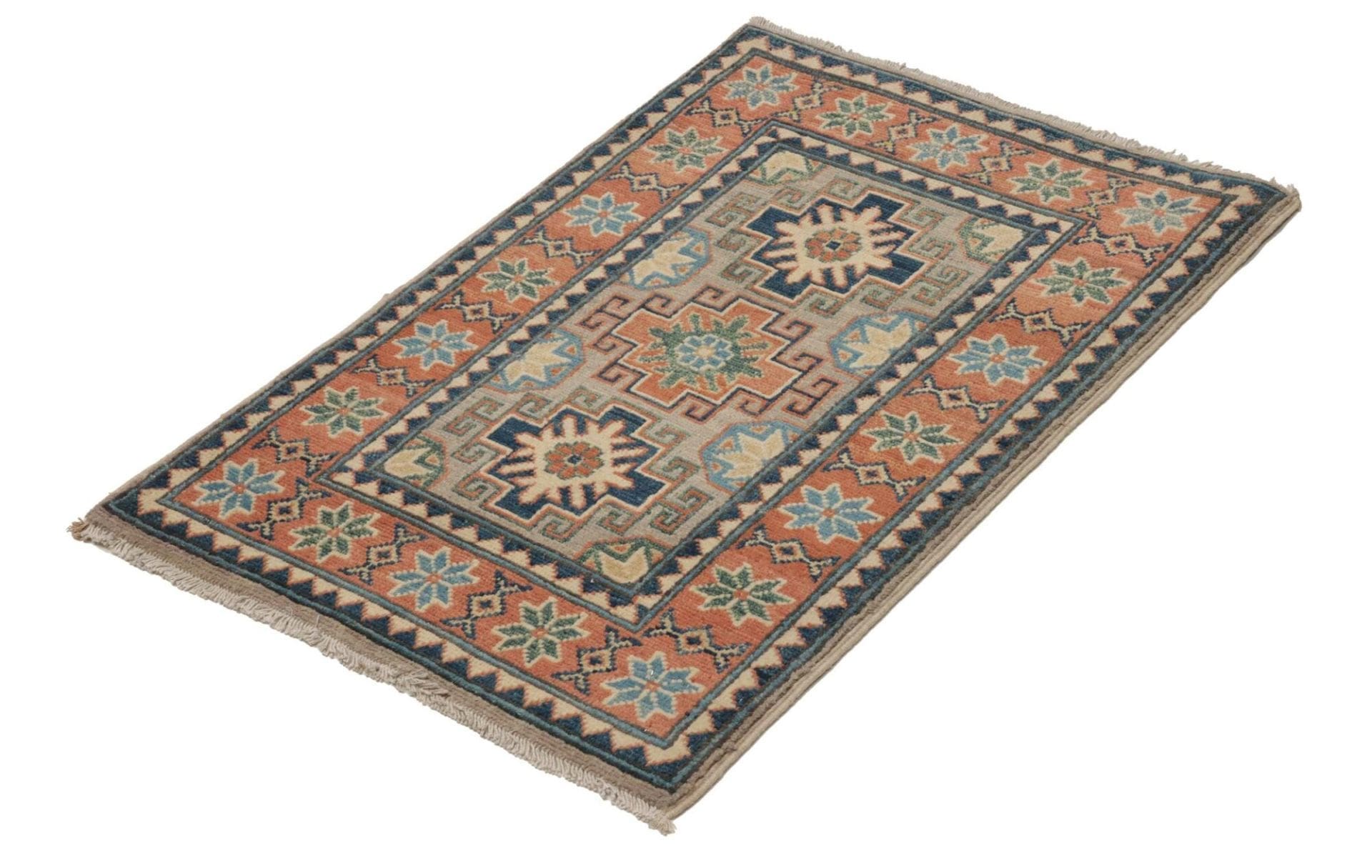 Kazak Teppich 65 x 94cm, geometrisches Muster, handgeknüpft