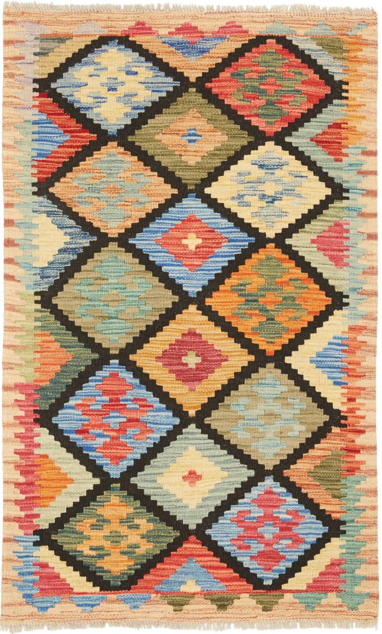 Kelim Teppich 80 x 127cm, rustikal, handgewebt, Wolle & Baumwolle