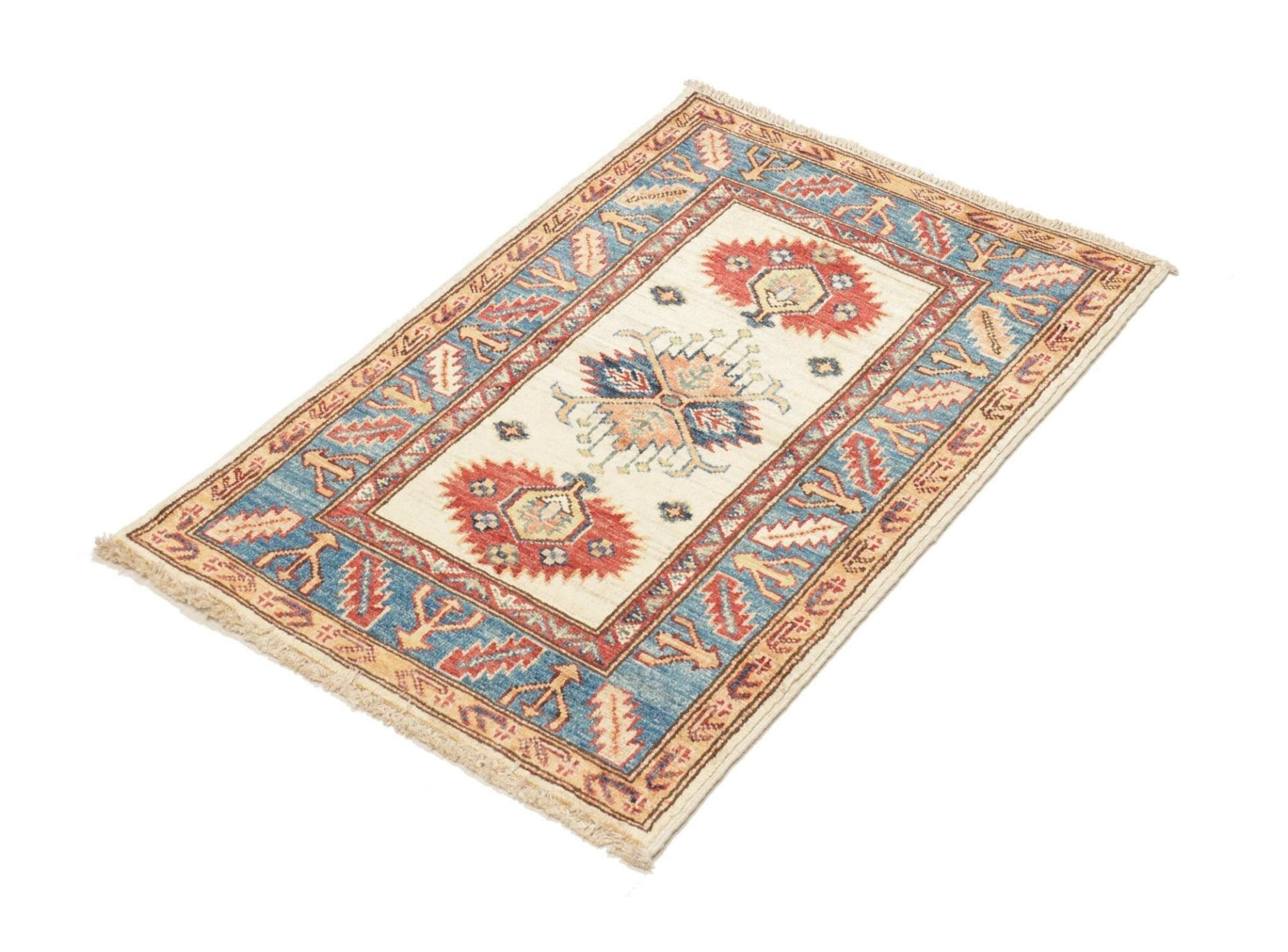 Kazak Teppich 65 x 89 cm, geometrisches Muster, handgeknüpft