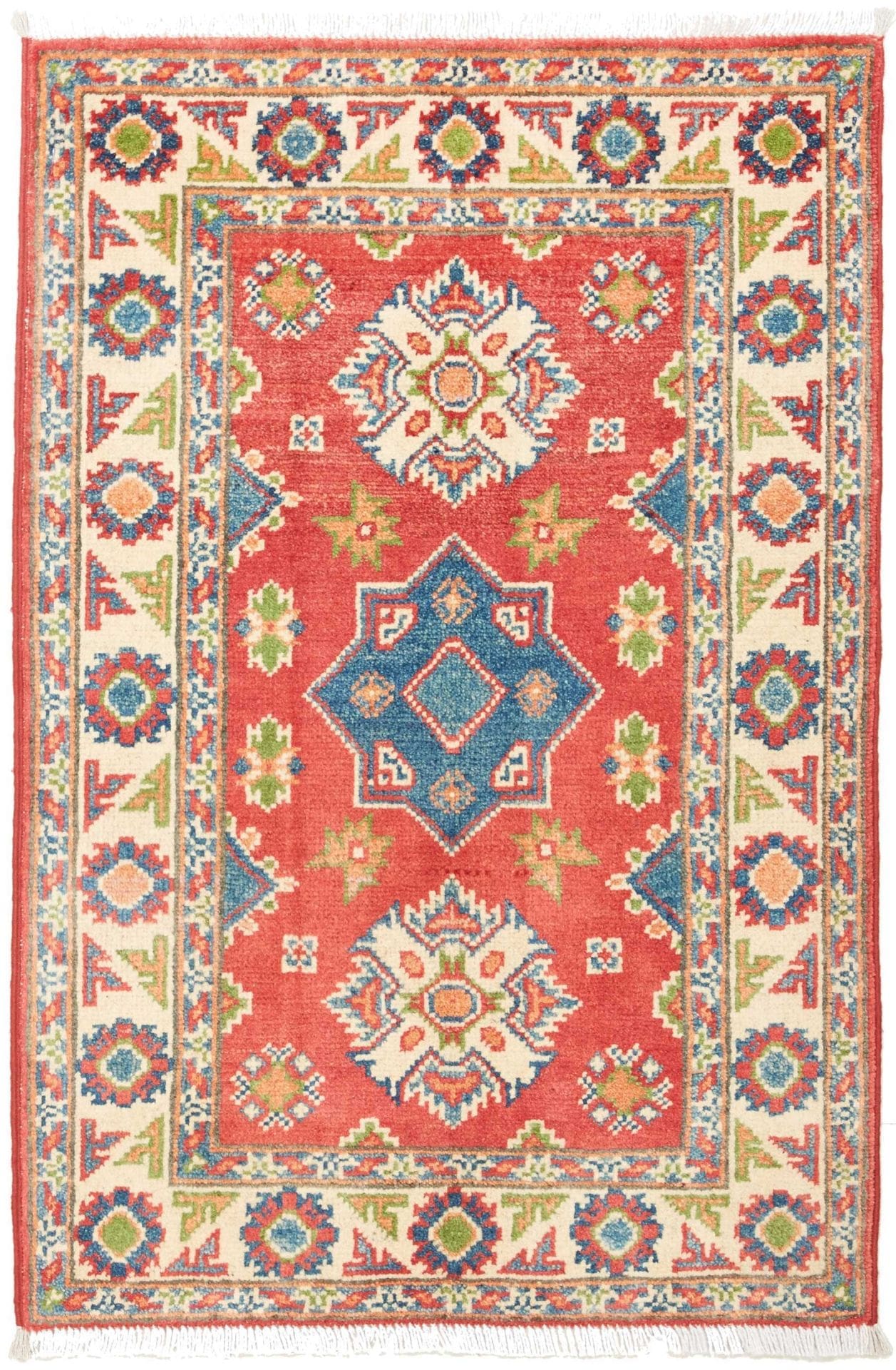 Kazak Orientteppich 66 x 93cm, geometrisches Muster, handgeknüpft