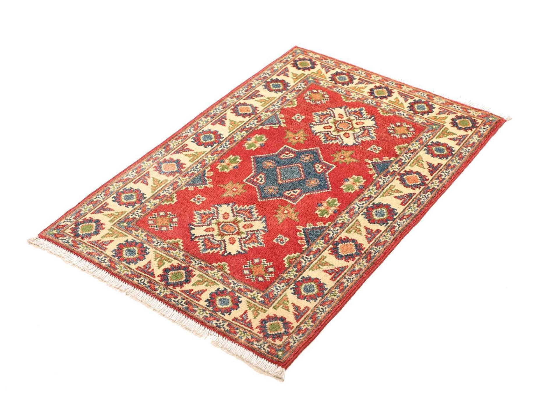 Kazak Orientteppich 66 x 93cm, geometrisches Muster, handgeknüpft