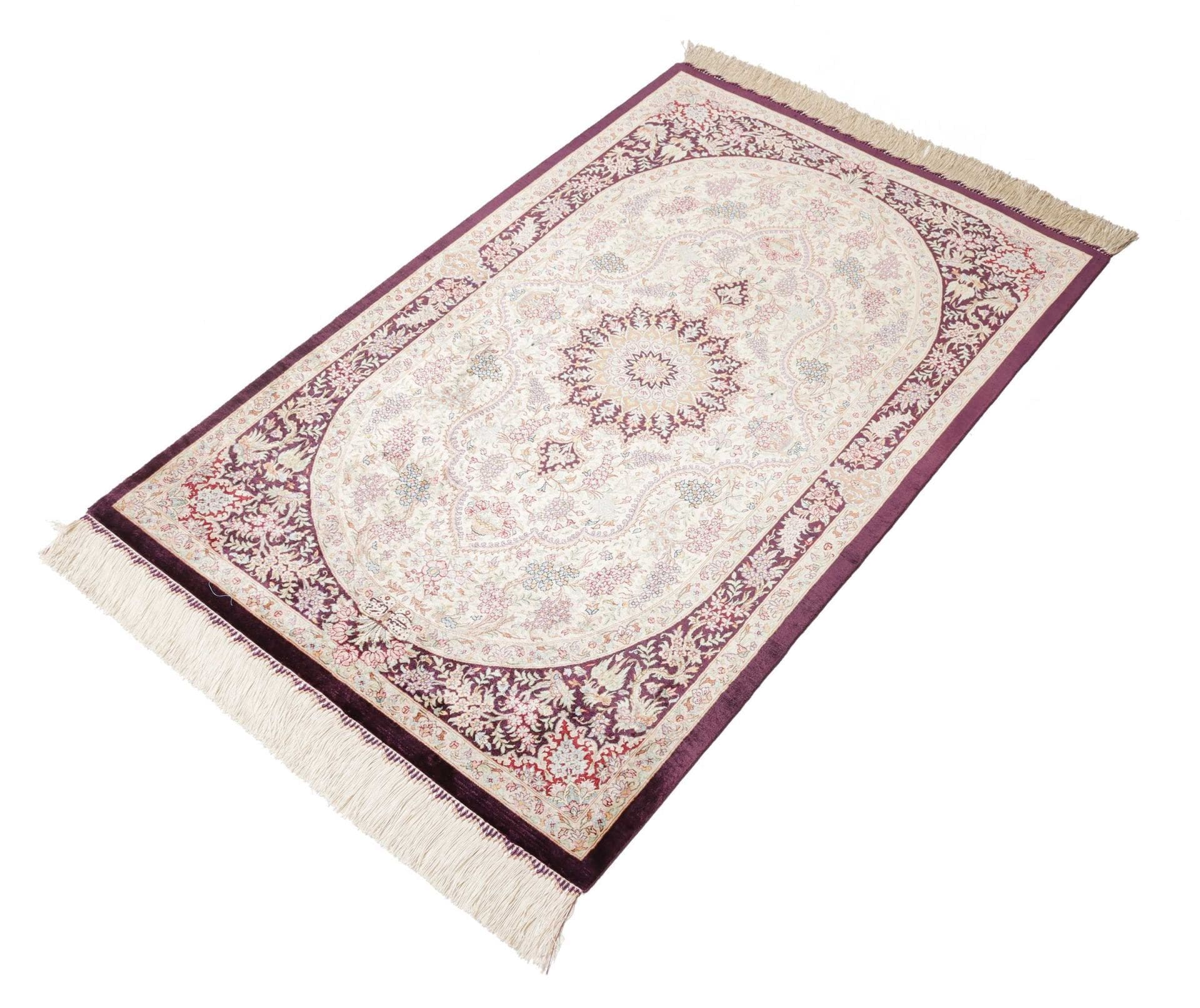 Ghom Teppich 82 x 121cm, Seide, florales Muster, handgeknüpft