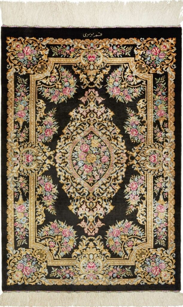 Ghom Teppich 64 x 90cm, Seide, handgeknüpft, Perserteppich