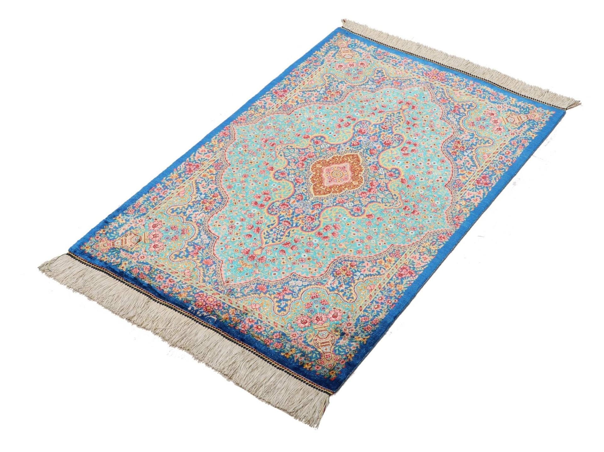 Ghom Teppich 63 x 91cm, Seide, florale Muster, handgeknüpft