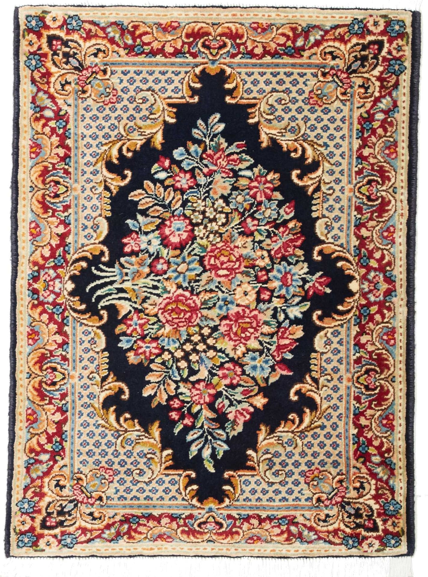 Kirman Teppich 68 x 90 cm, florales Muster, handgeknüpft, Perserteppich