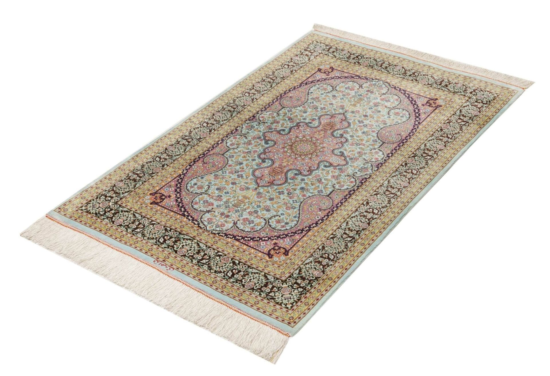 Ghom Teppich 82 x 121cm, Seide, florales Muster, handgeknüpft