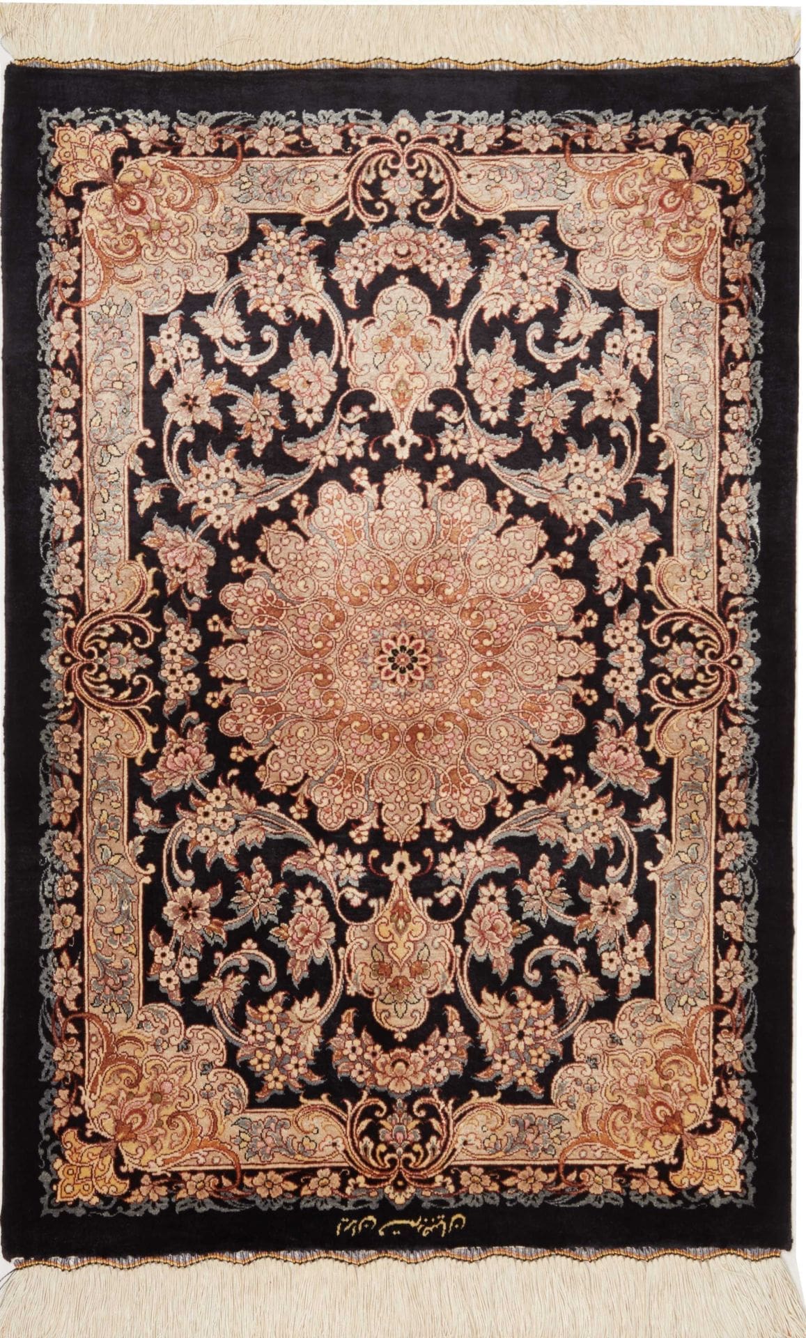 Ghom Teppich 65 x 90cm, Seide, florale Muster, handgeknüpft
