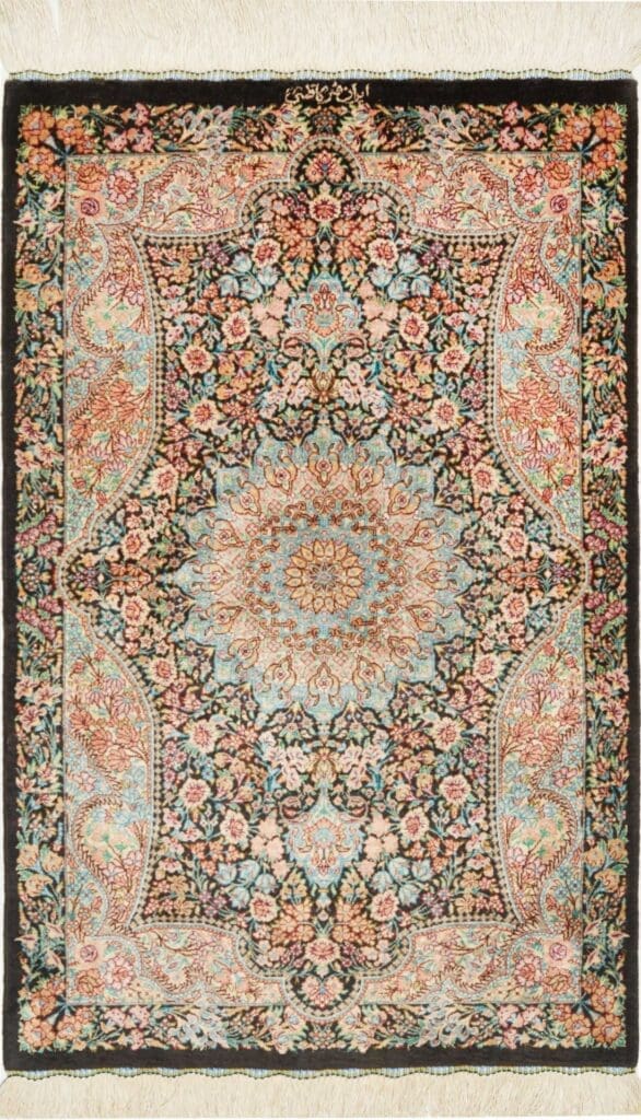 Ghom Teppich 61 x 90cm, handgeknüpft, Seide, florale Muster