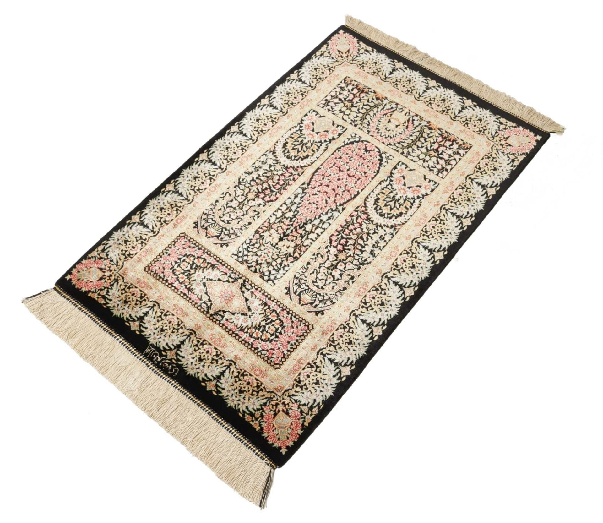 Eleganter Ghom Teppich 63 x 93 cm aus Seide, handgeknüpft, Perserteppich